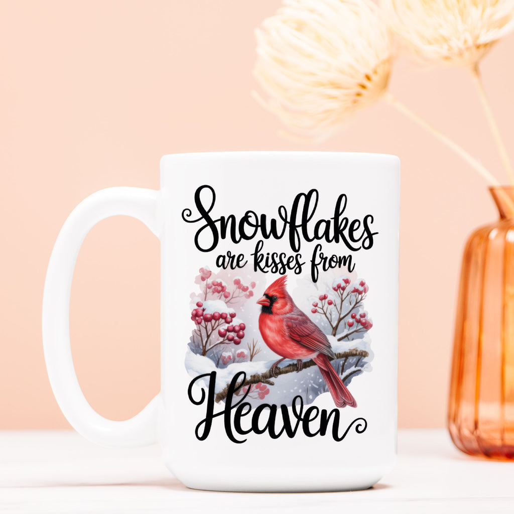 White mug with a cardinal design and text on a light pink background
