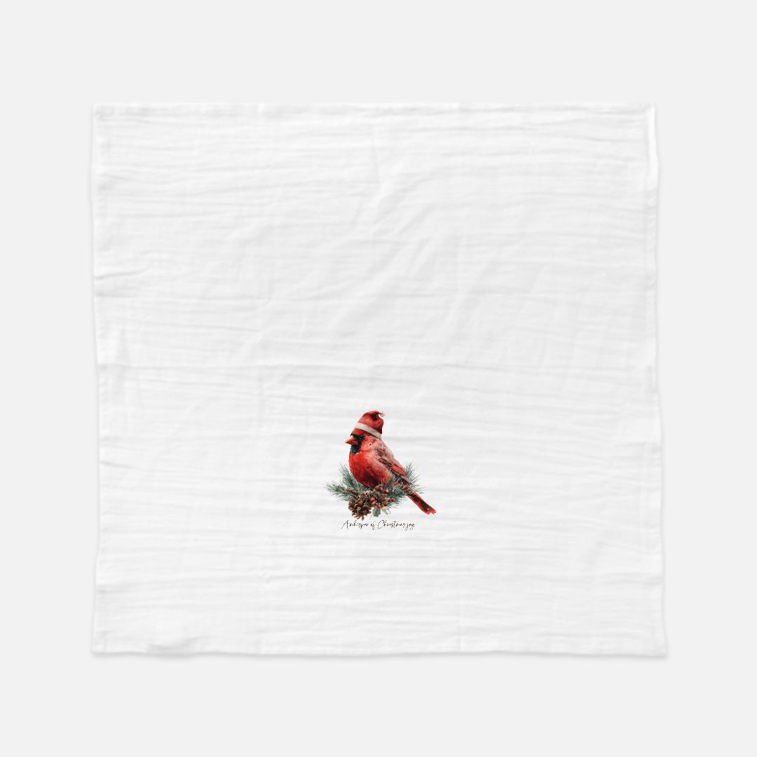 Red cardinal bird on a branch with snowflakes on a white background