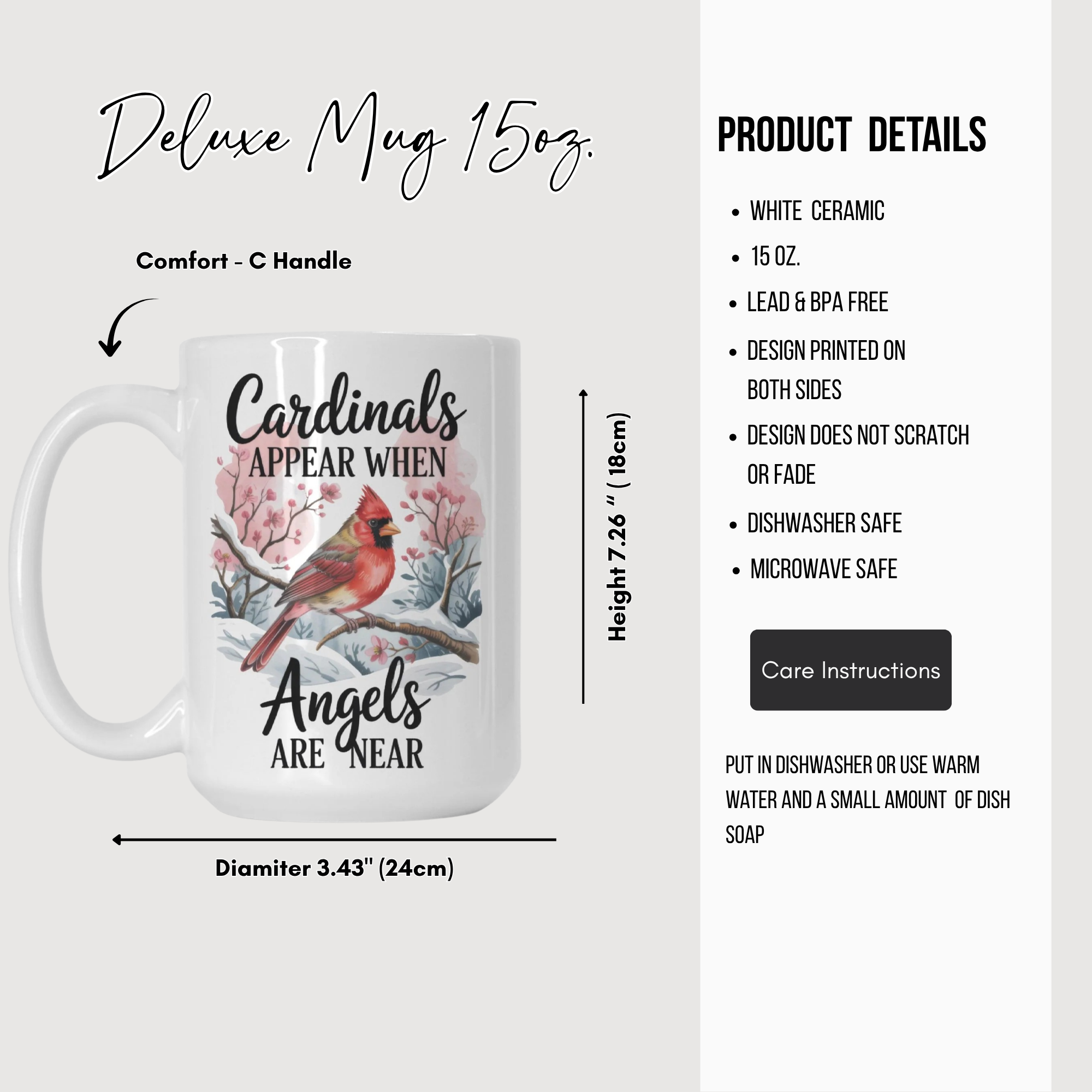 White ceramic mug with cardinal design and text, featuring product details on a white background.