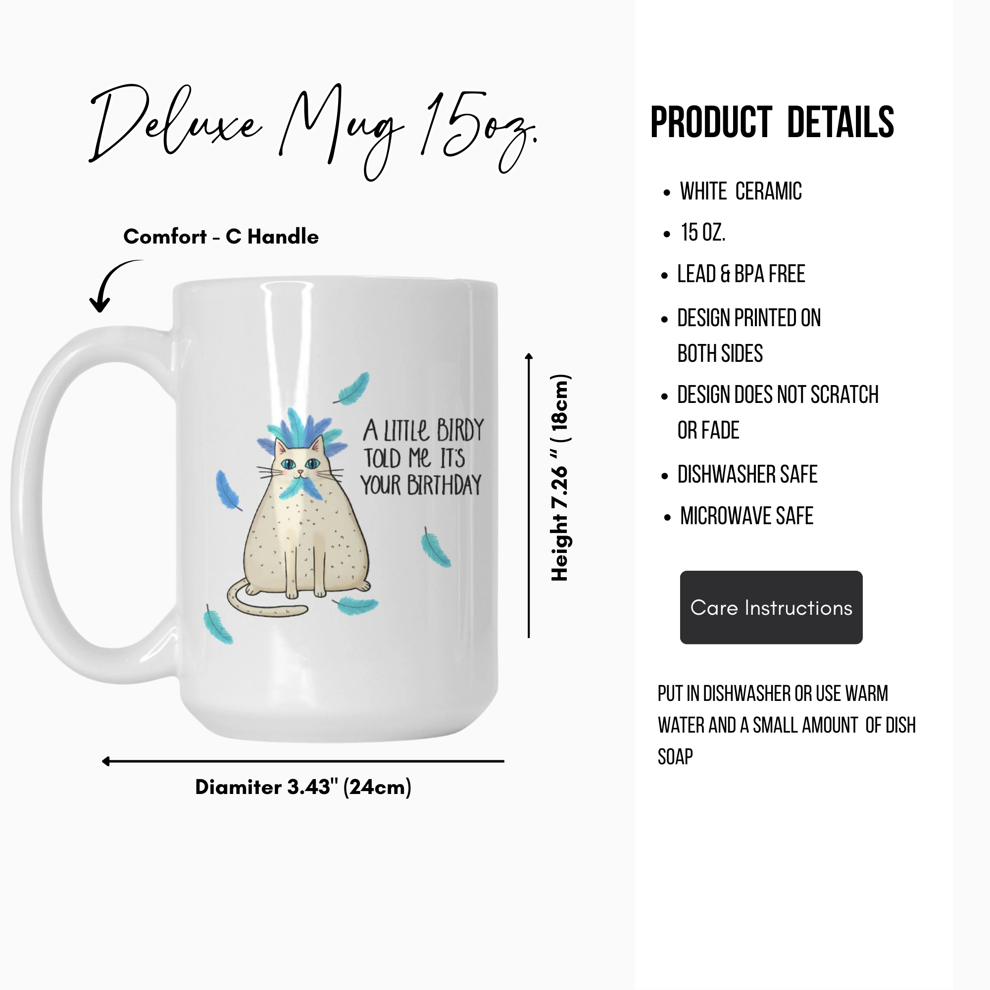 White ceramic mug with a cat design and text, featuring product details on a white background.