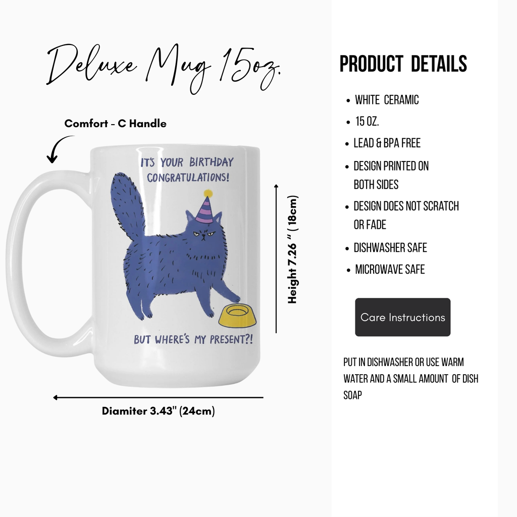 White ceramic mug with a blue cat design and product details on a white background