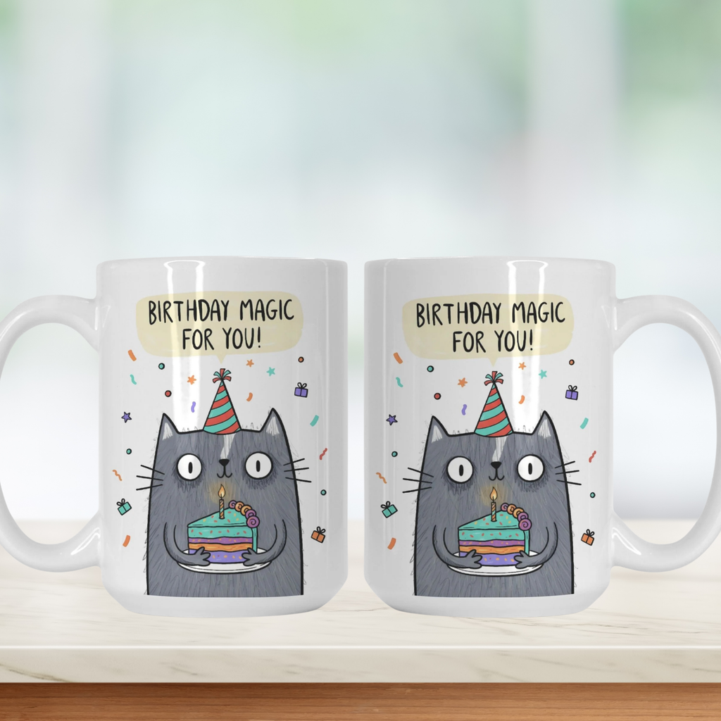 Two mugs with a cat design and 'Birthday Magic For You!' text on a white background.