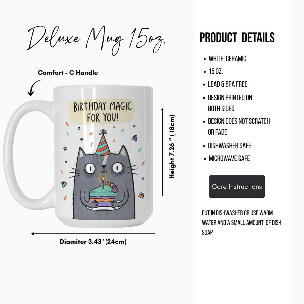 Cat-themed mug with birthday design and product details on a white background