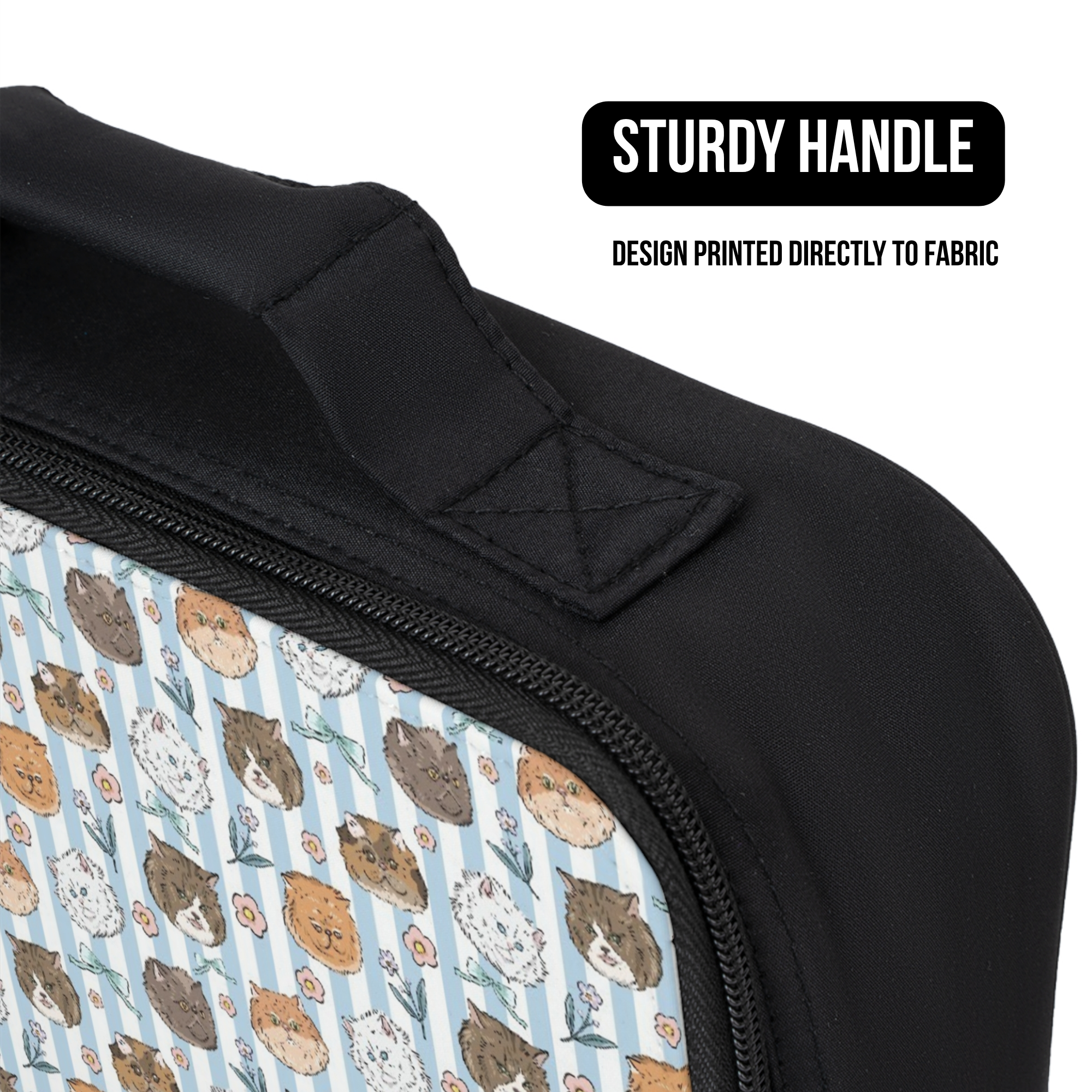 Close up of a black lunch bag with a hand drawn cat pattern and text 'Sturdy Handle' and 'Design Printed Directly to Fabric'.
