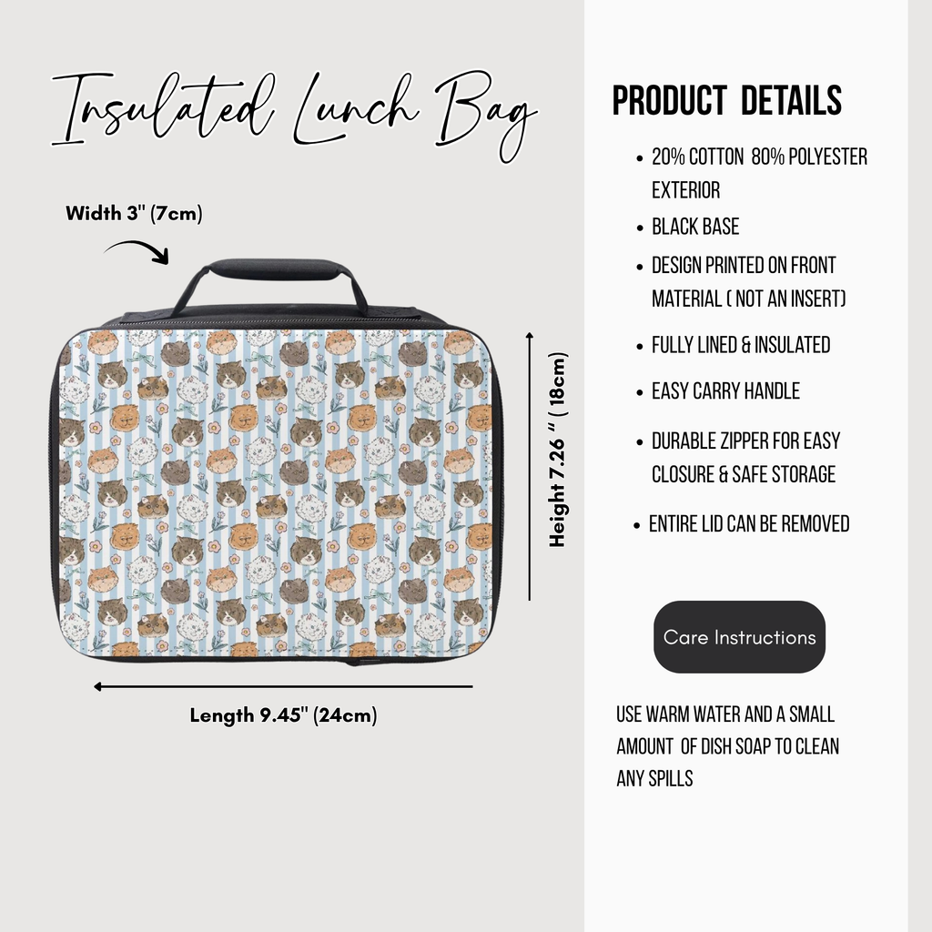 Insulated lunch bag with cat pattern and product details on a white background