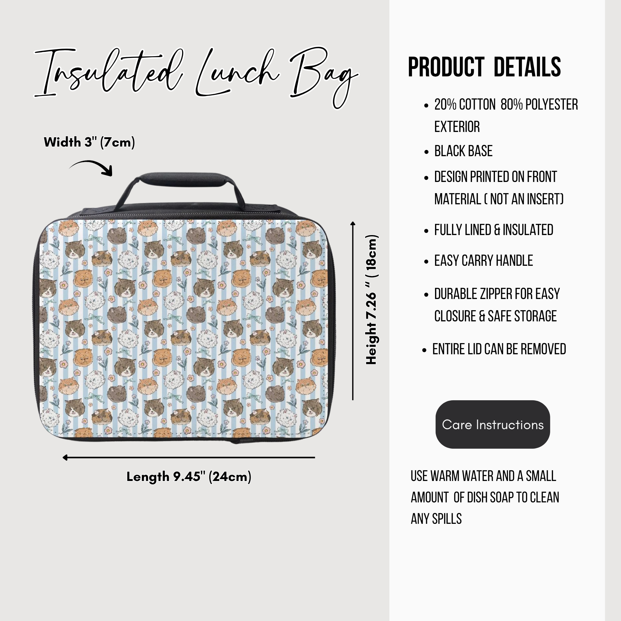 Insulated lunch bag with cat pattern and product details on a white background