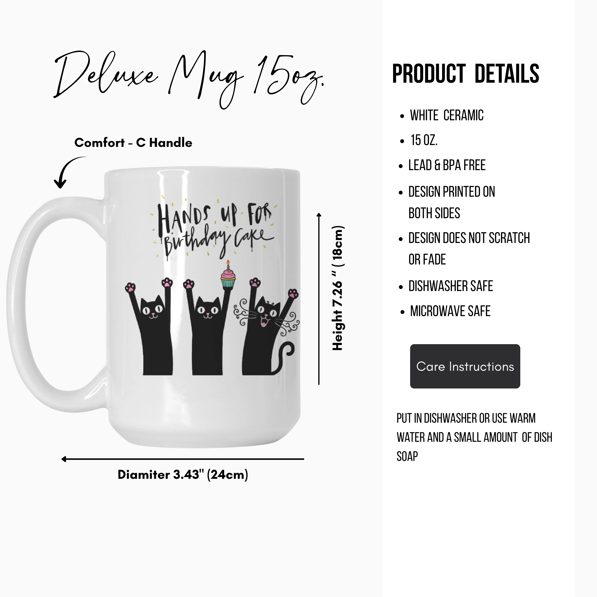White mug with black cat design and text, featuring product details on a white background.