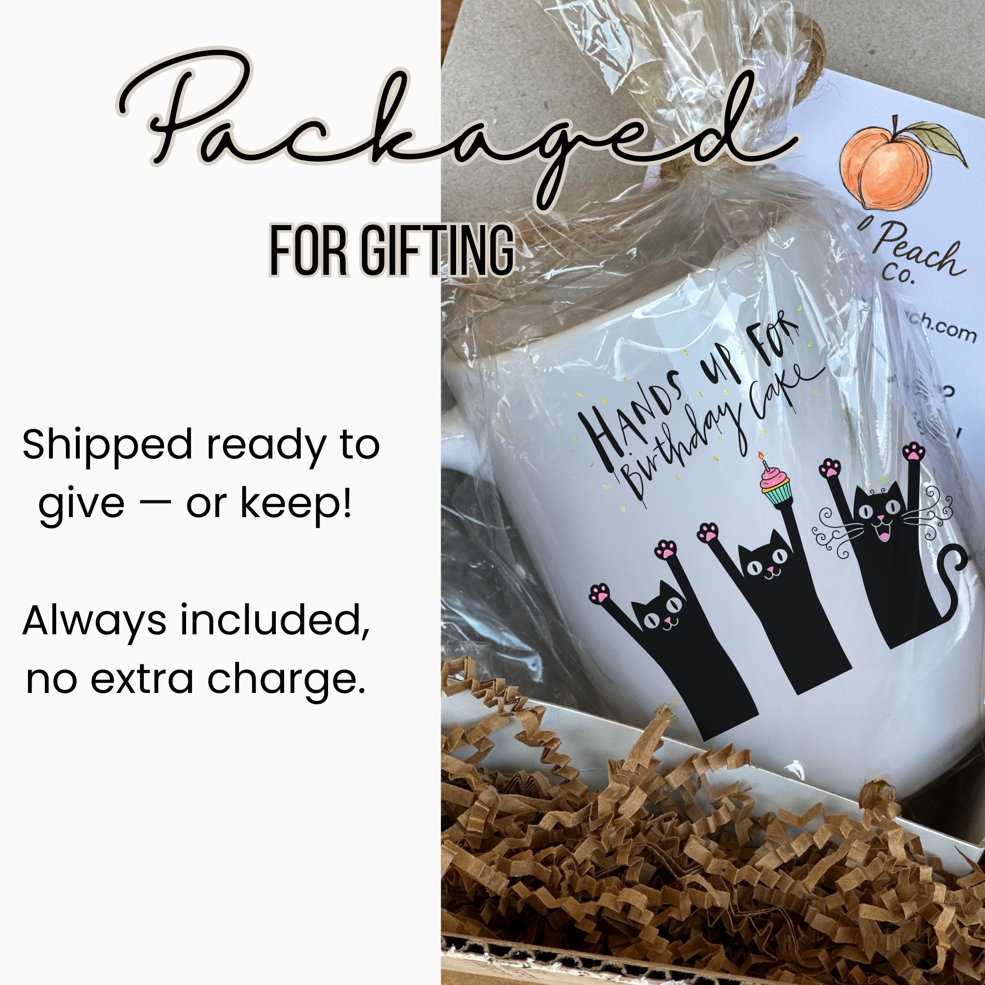 Gift-wrapped mug with text 'Packaged for gifting' and 'Peach Co.' branding.
