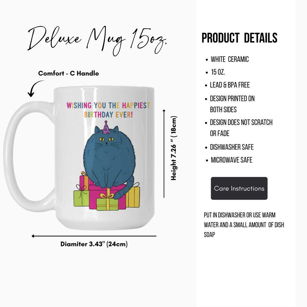 White ceramic mug with a blue cat design and birthday message, featuring product details on a white background.
