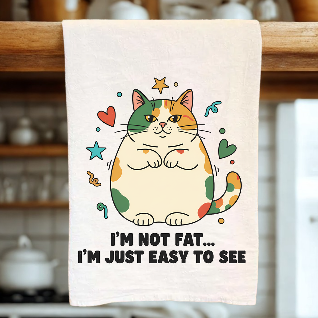 Tea Towel with a colorful cat illustration and text 'I'm Not Fat... I'm Just Easy To See' in a kitchen setting