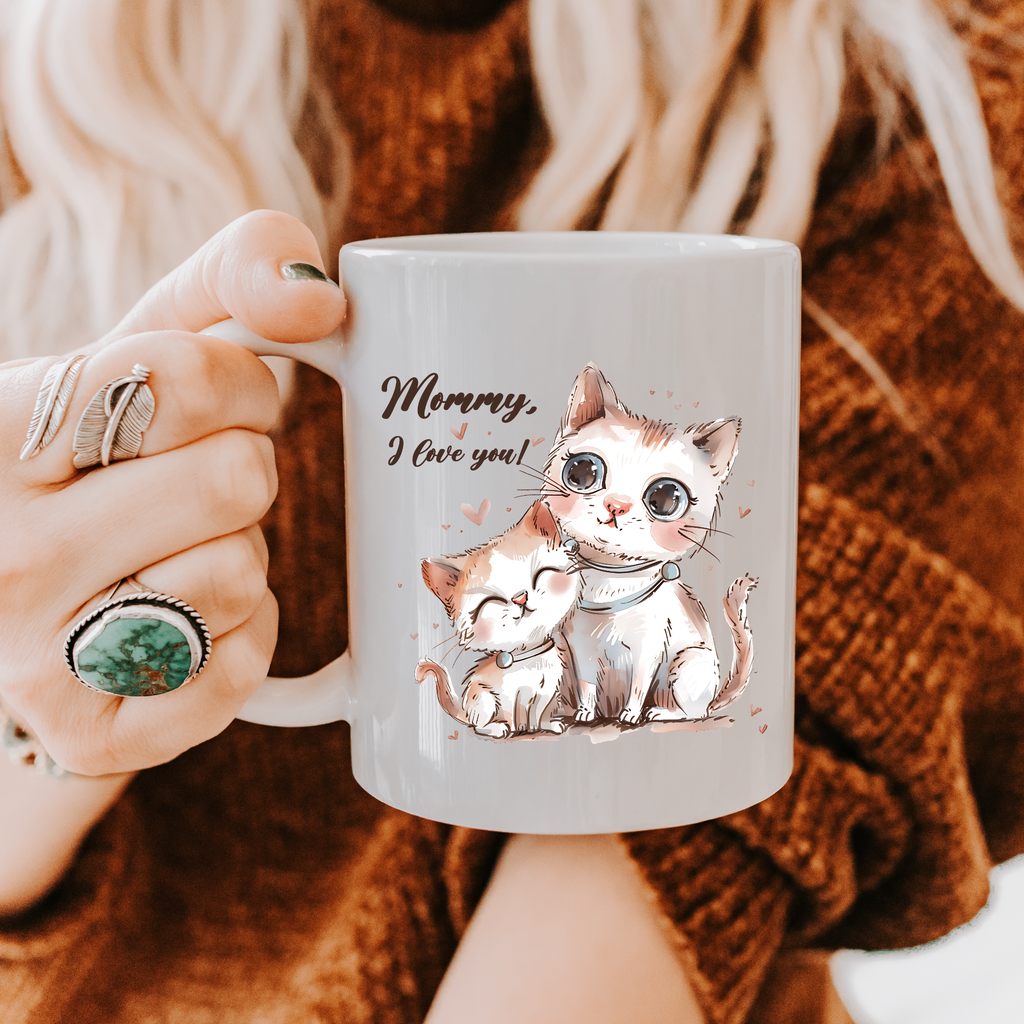 Person holding an 11oz mug with a cat illustration and 'Mommy, I love you!' text.