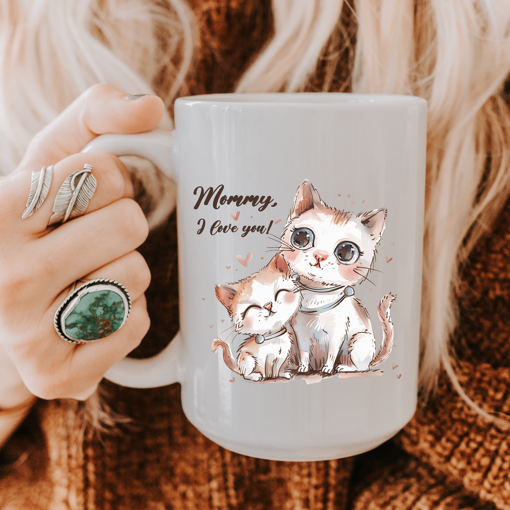Person holding a 15oz mug with cat illustration and 'Mommy, I love you!' text