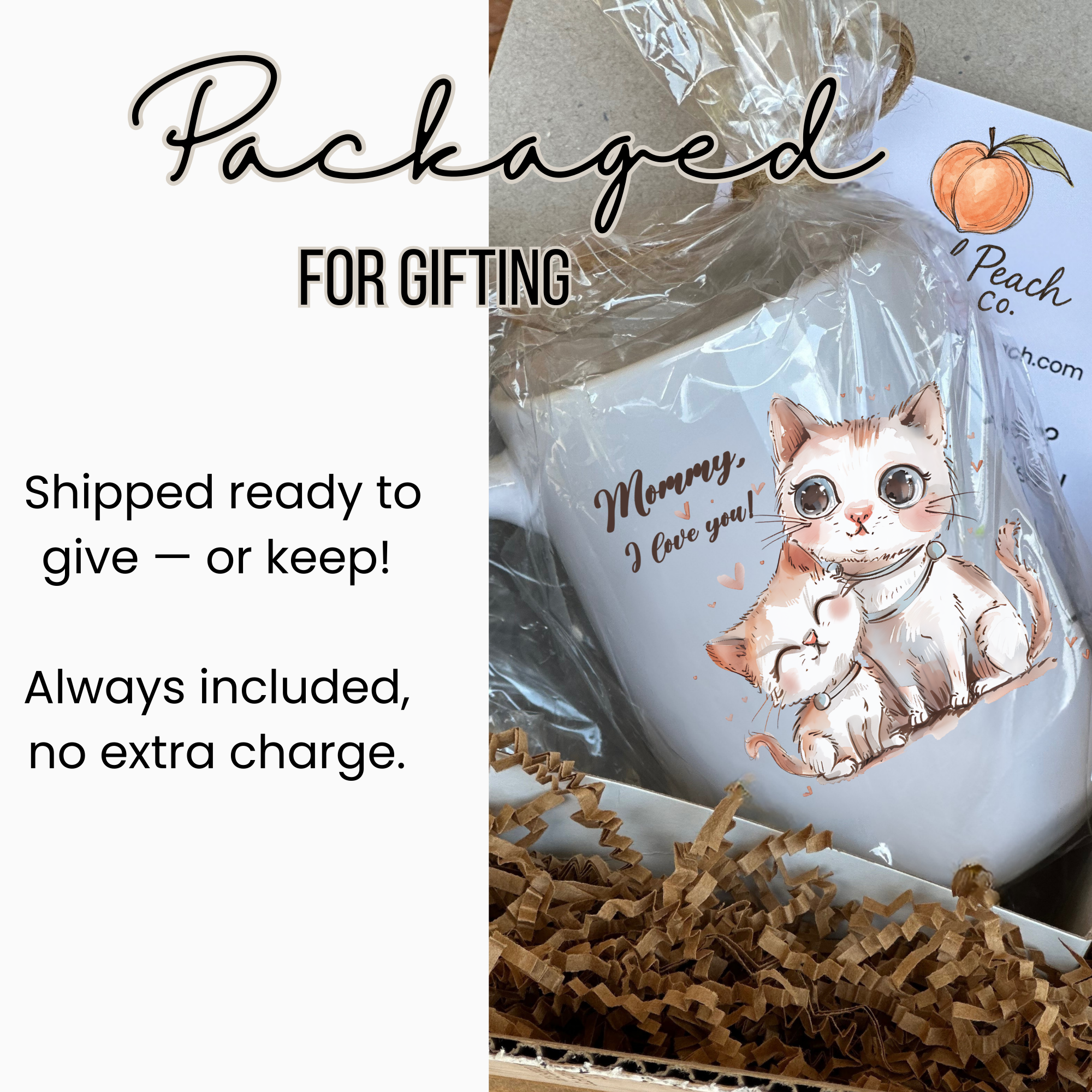 Cat-themed mug in clear packaging tied with twine inside a white gift box  with text about gifting.