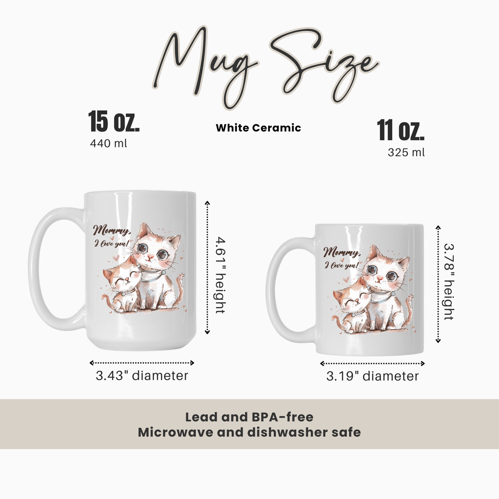 Two mugs with cat illustrations and measurements on a white background