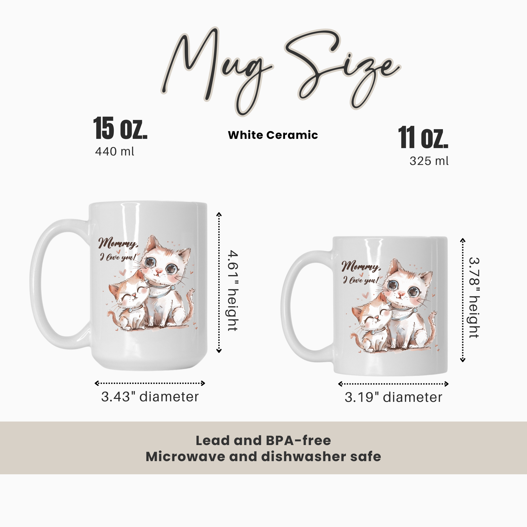 Two mugs with cat illustrations and measurements on a white background