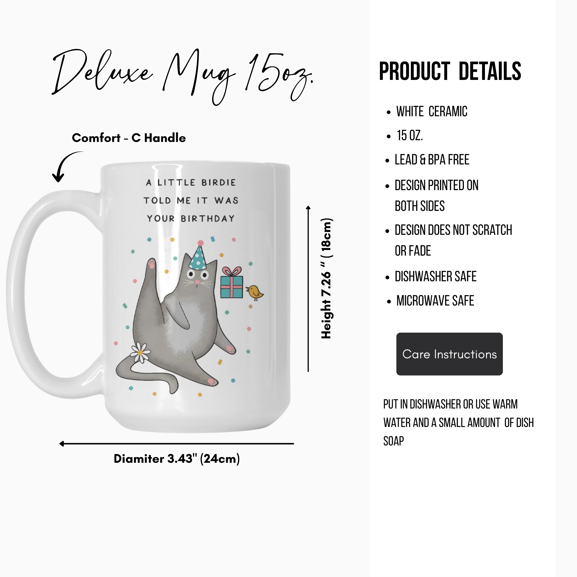 White ceramic mug with a cat design and text, featuring product details on a white background.