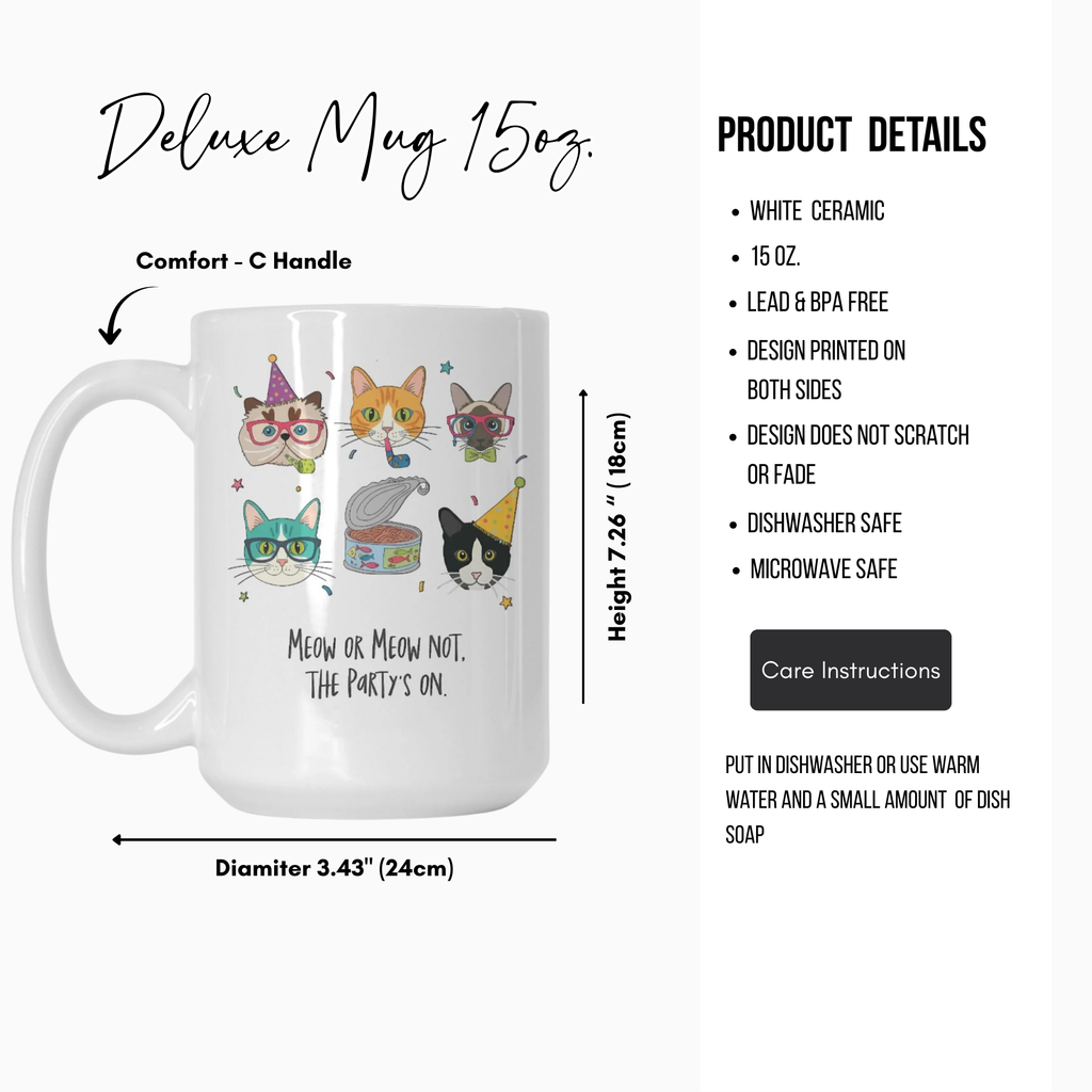 White ceramic mug with cat-themed design and product details on a white background
