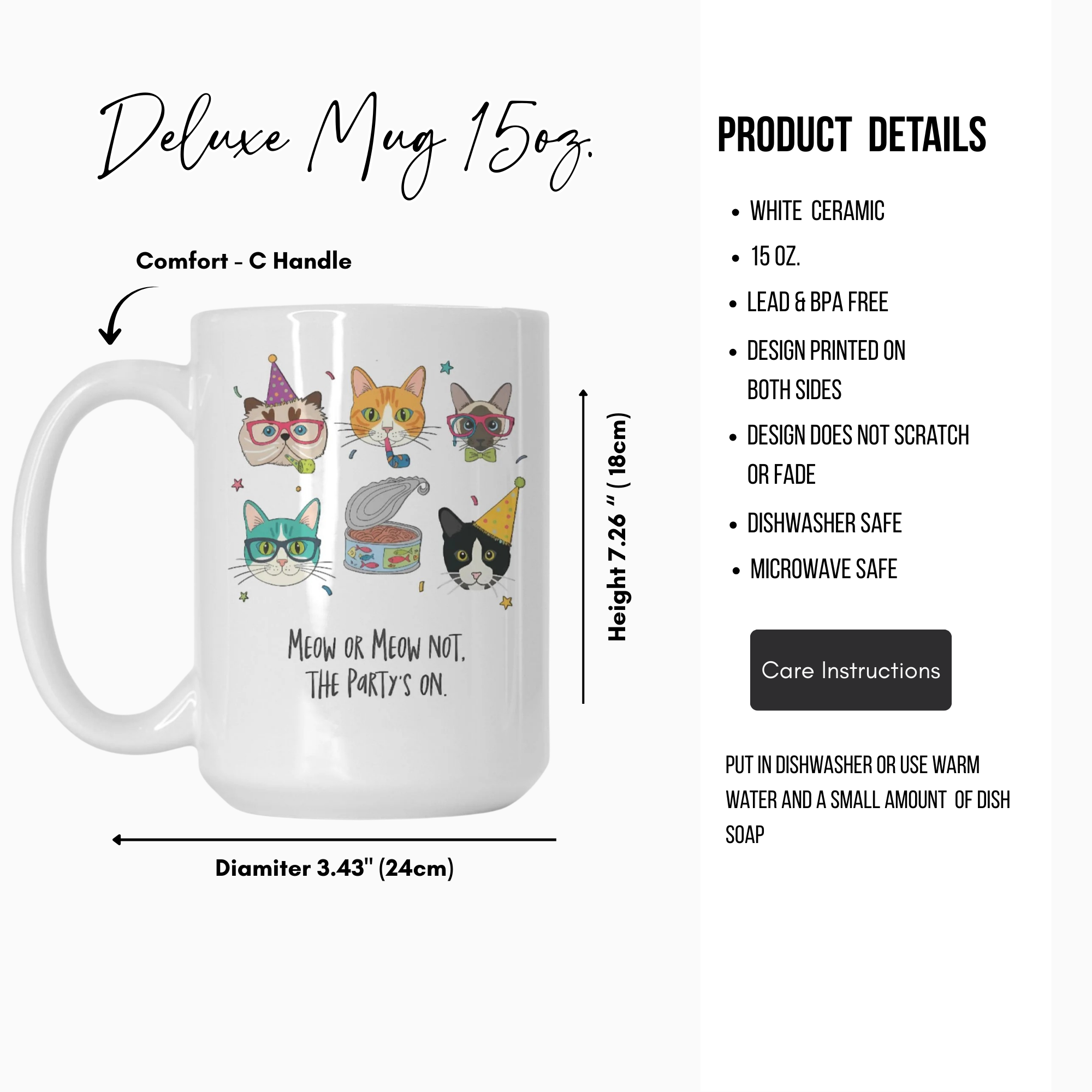 White ceramic mug with cat-themed design and product details on a white background