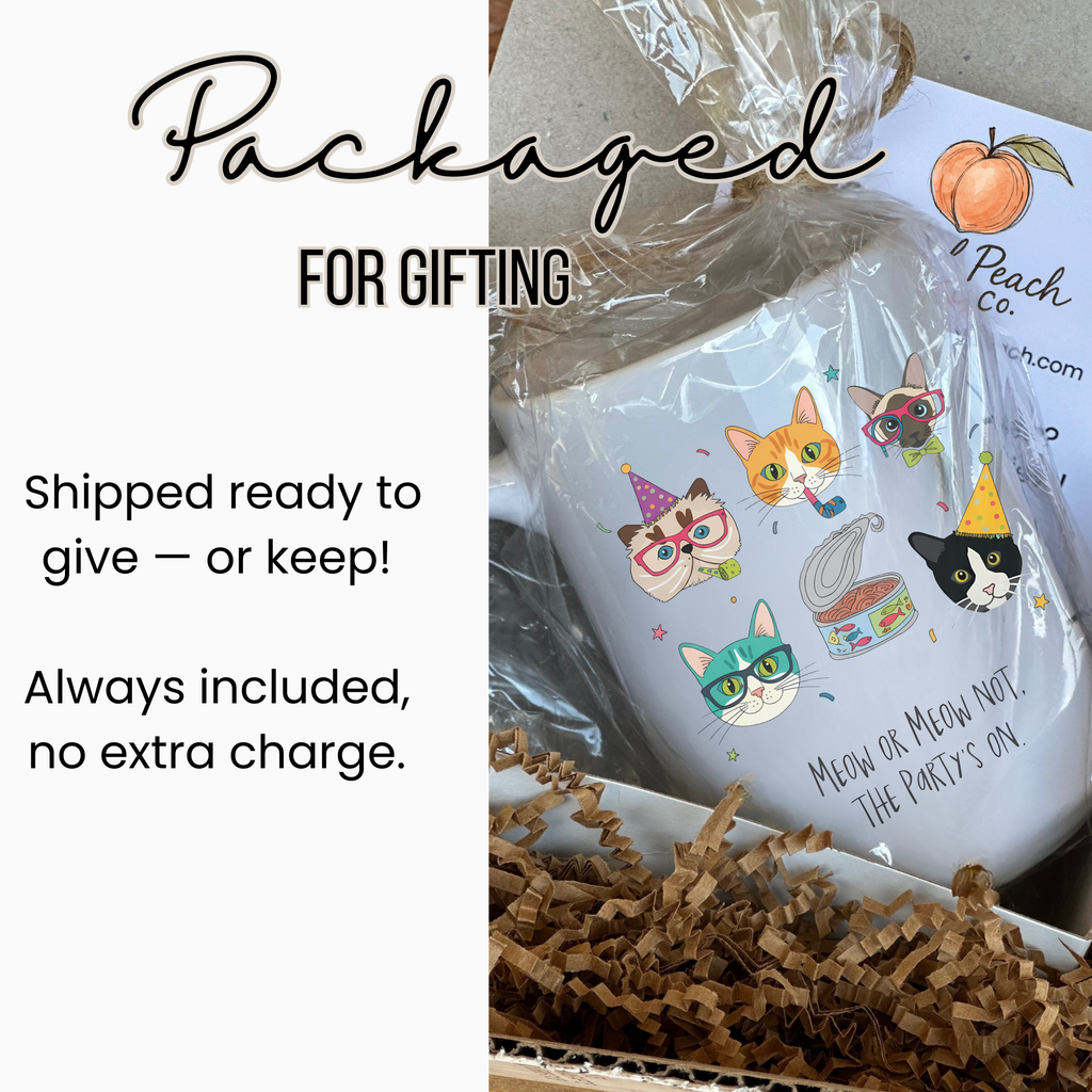 Cat-themed mug with decorative stickers in clear packaging labeled 'Peach Co'.