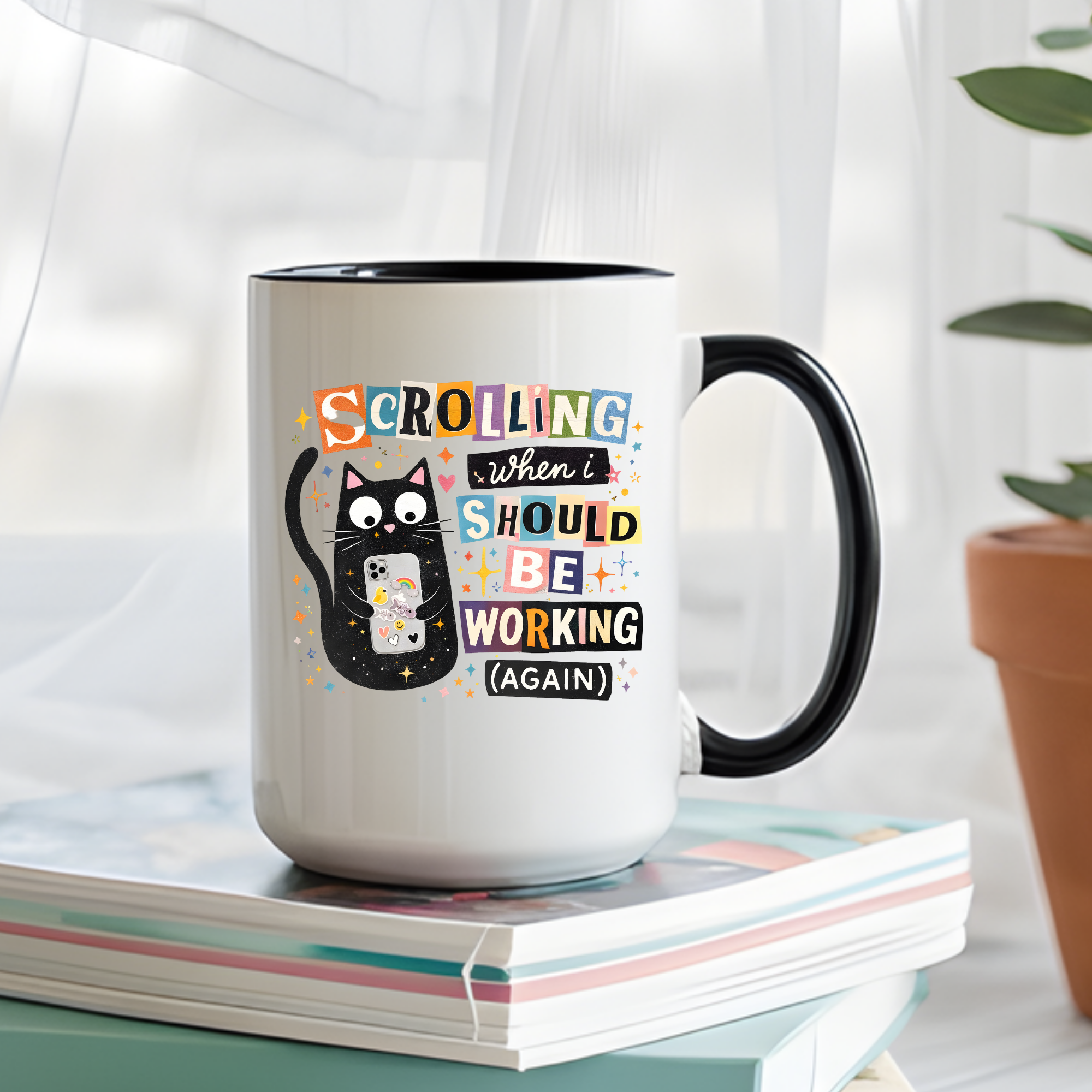 black accent mug with a humorous design of a cat and text, placed on books with a light background.