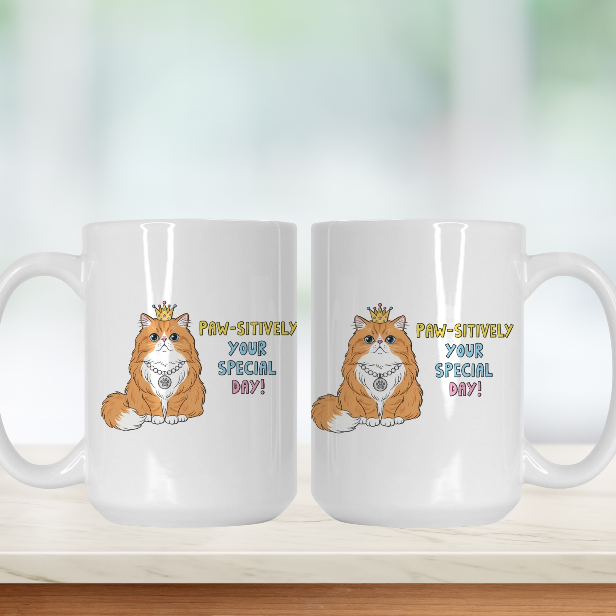 Two white mugs with a cat illustration and text on a white background