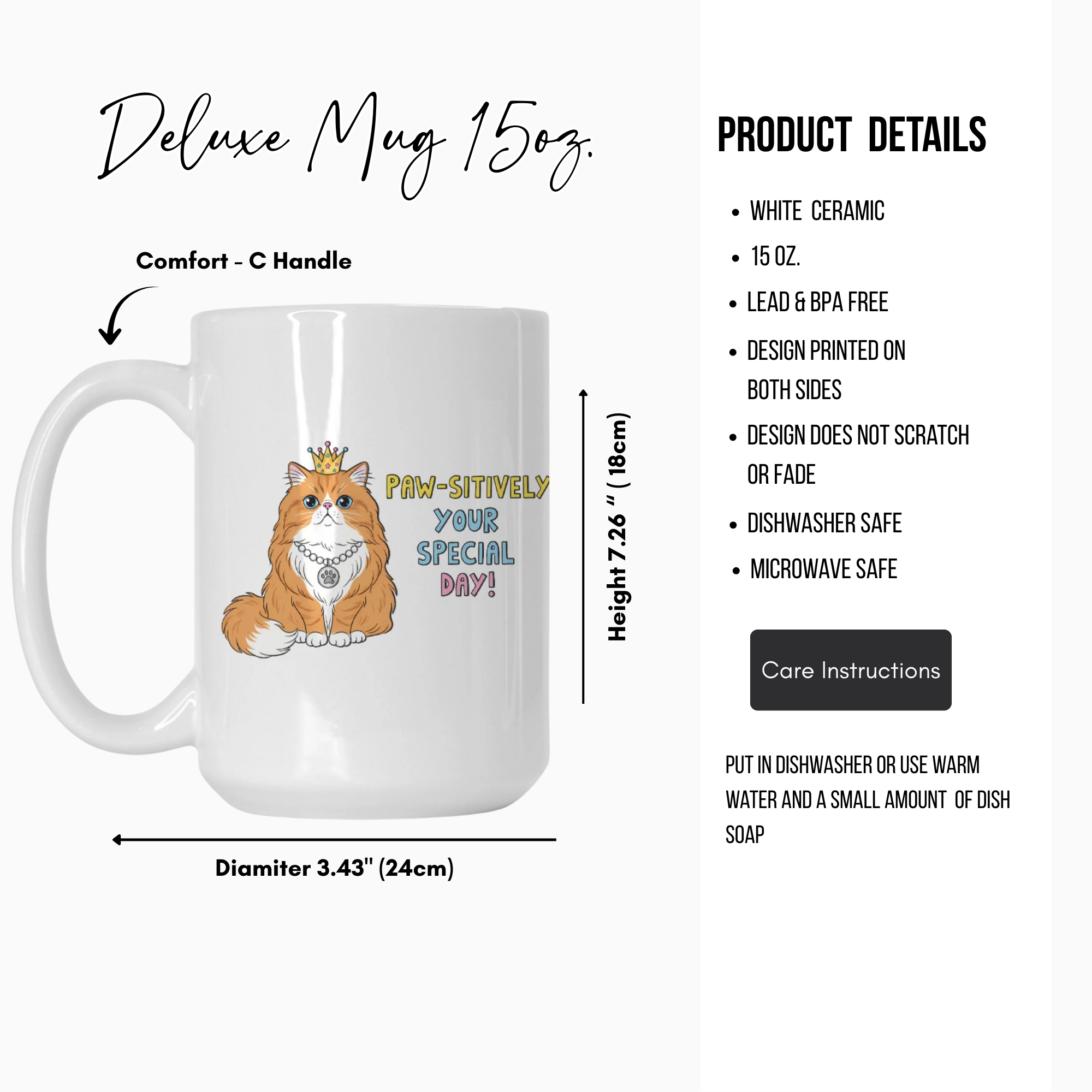 White mug with a cat design and text, featuring product details on a white background.