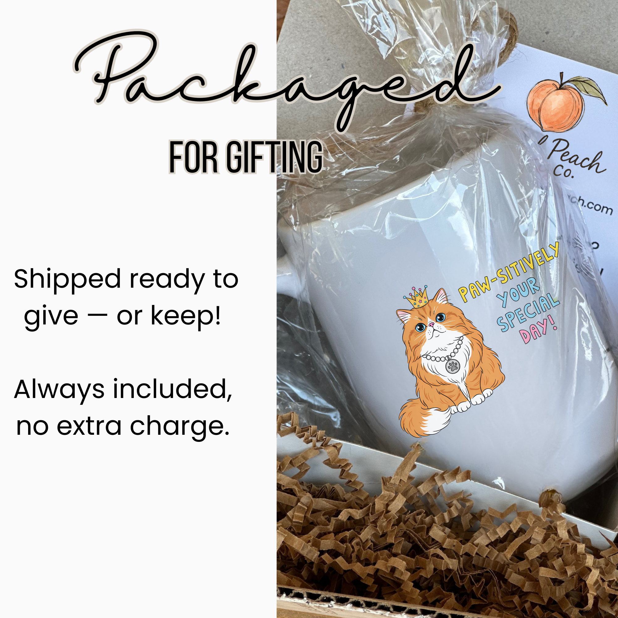 White ceramic product with a cat illustration and text 'Paw-sitively Your Special Day!' in a gift-wrapped state.