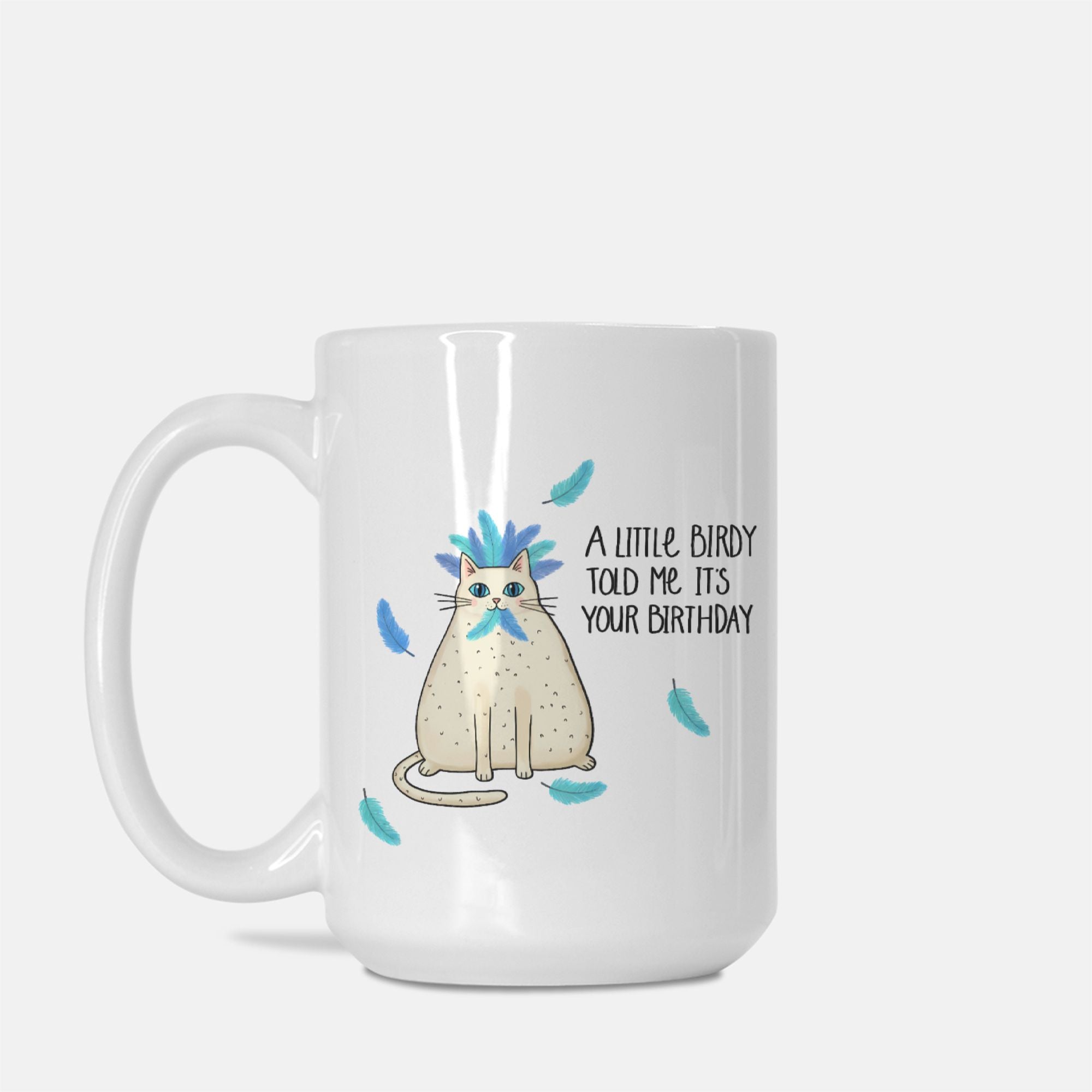 White mug with a cat illustration and text on a white background