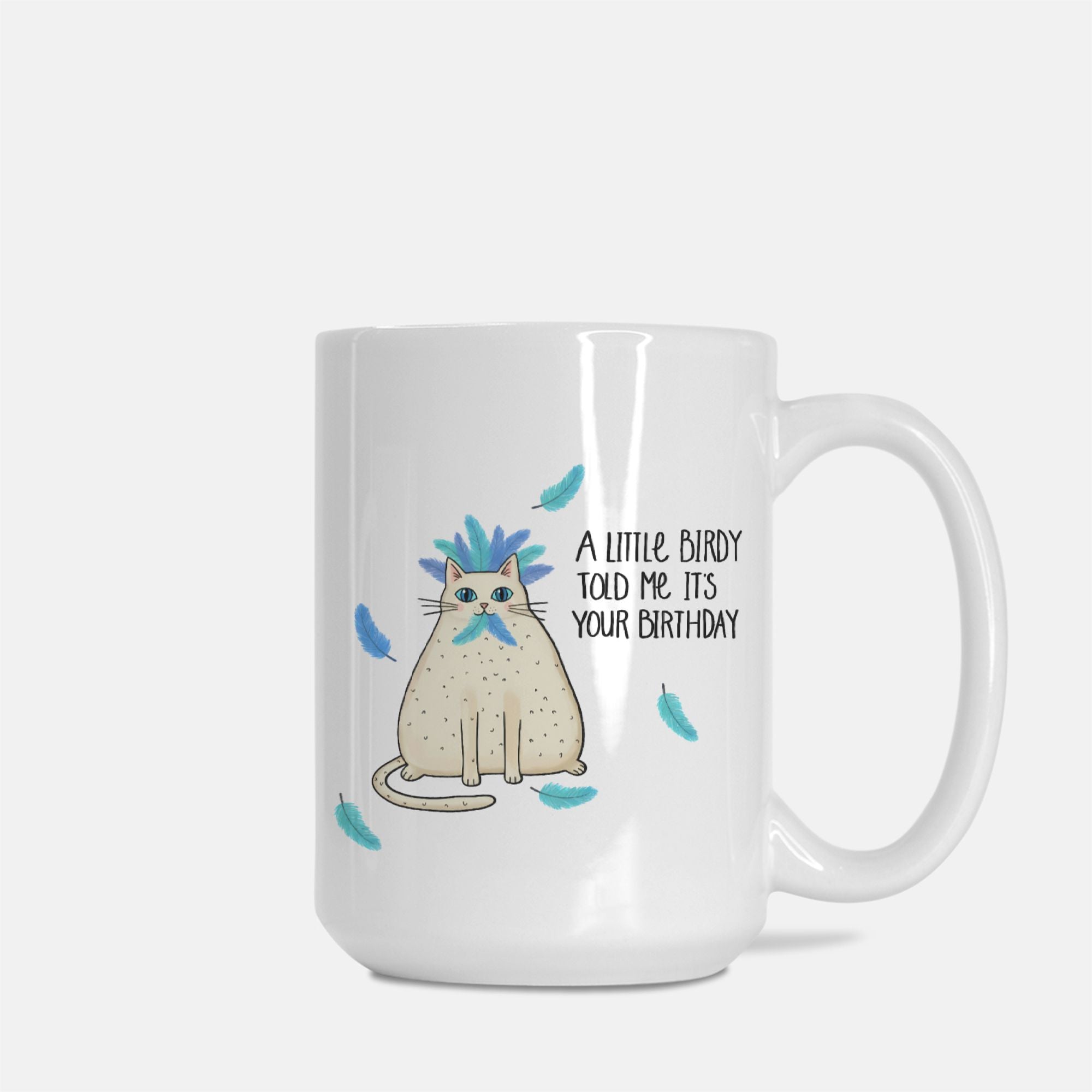 White mug with a cat illustration and text on a white background