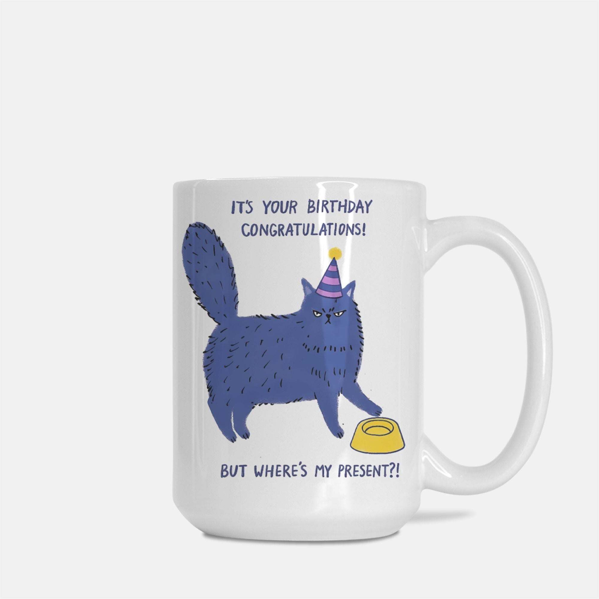 Mug with a blue cat wearing a party hat and text about a birthday celebration on a white background