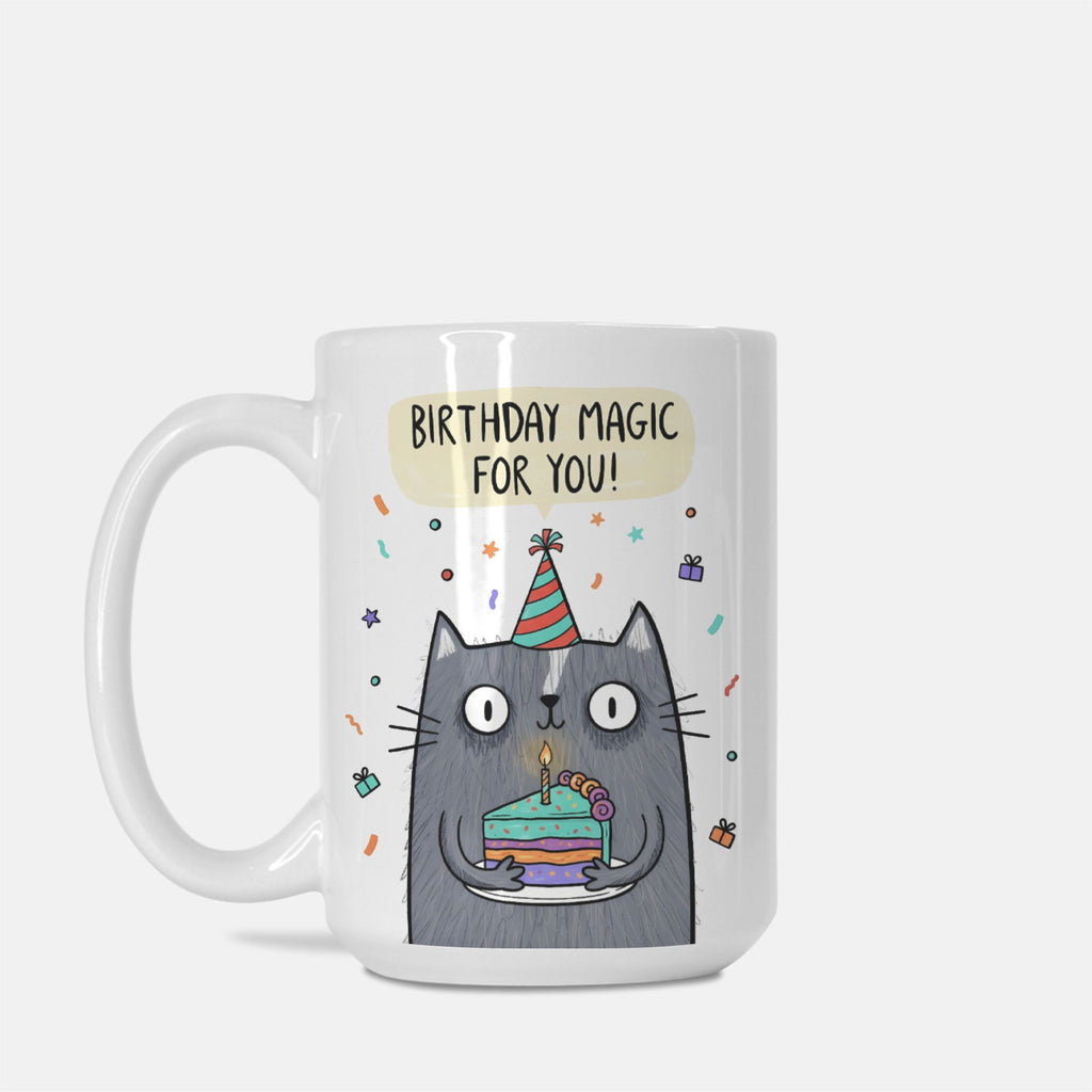 Mug with a cat illustration and 'Birthday Magic For You!' text on a white background