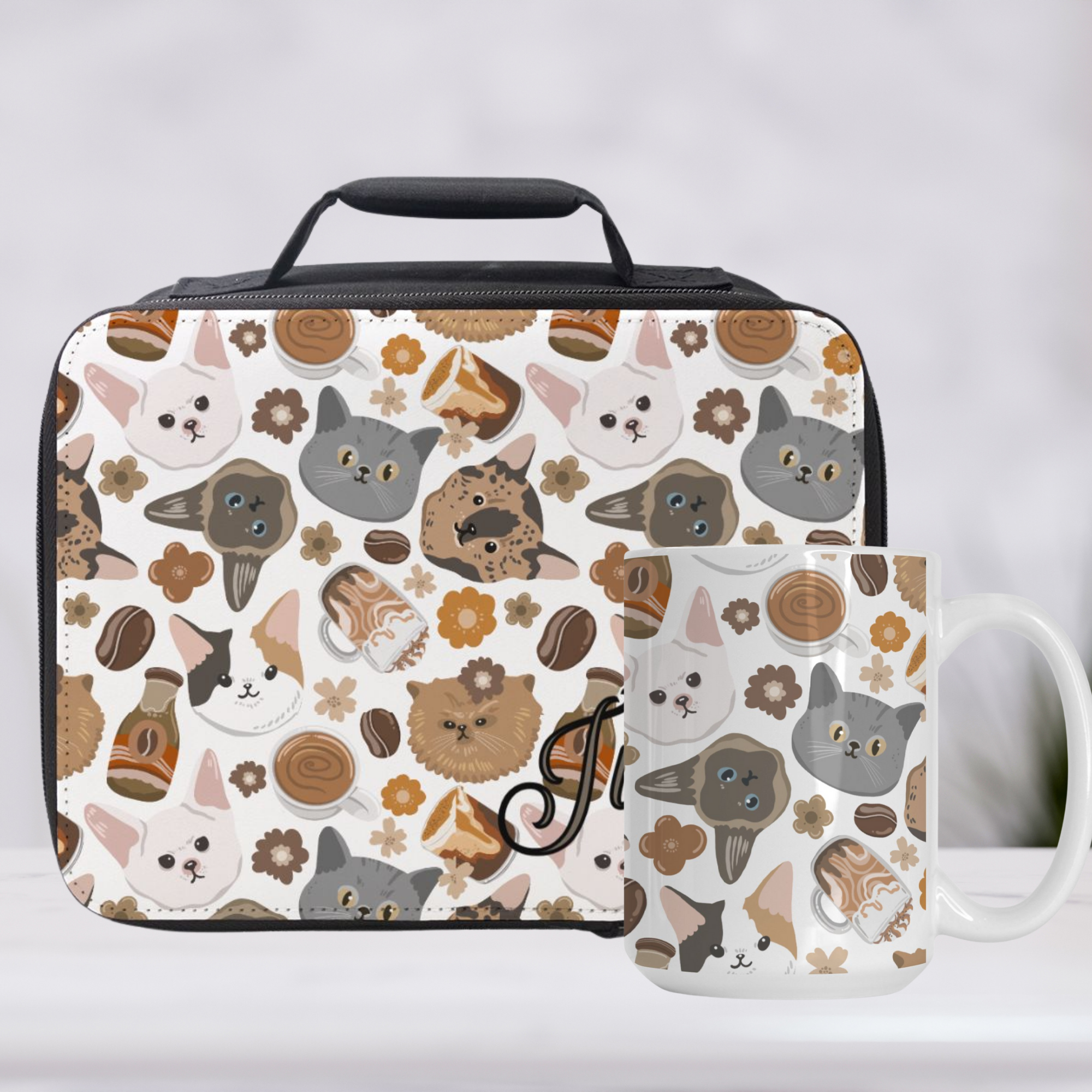 Lunch bag and mug with cat pattern on a white background