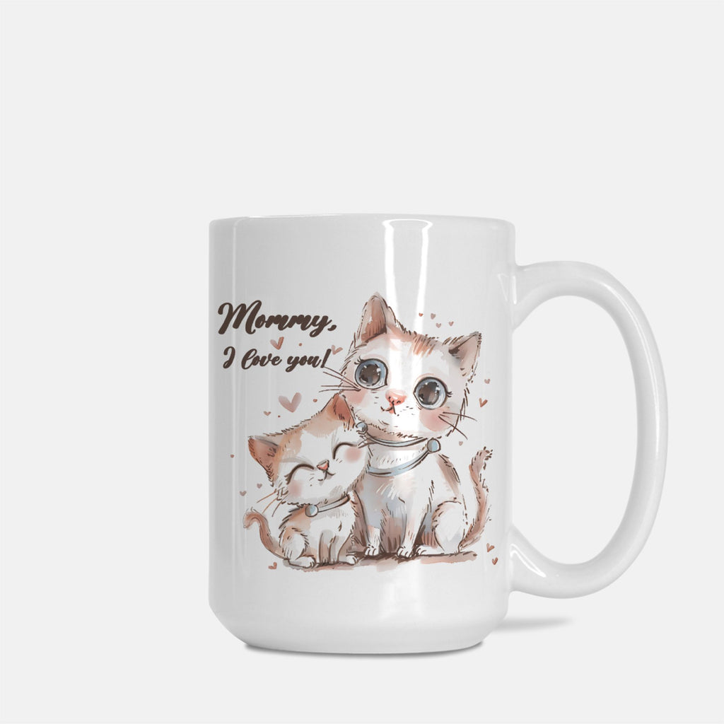 White 15oz mug with a cat illustration and 'Mommy, I love you!' text on a white background
