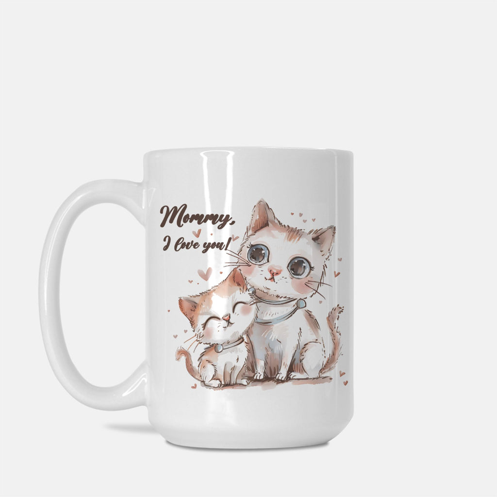 White 15 oz mug with a cat illustration and 'Mommy, I love you!' text on a white background