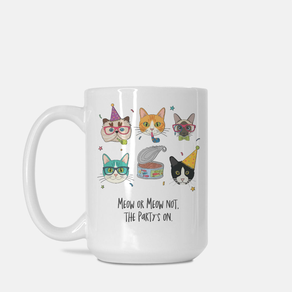 White mug with cat-themed design and text on a white background