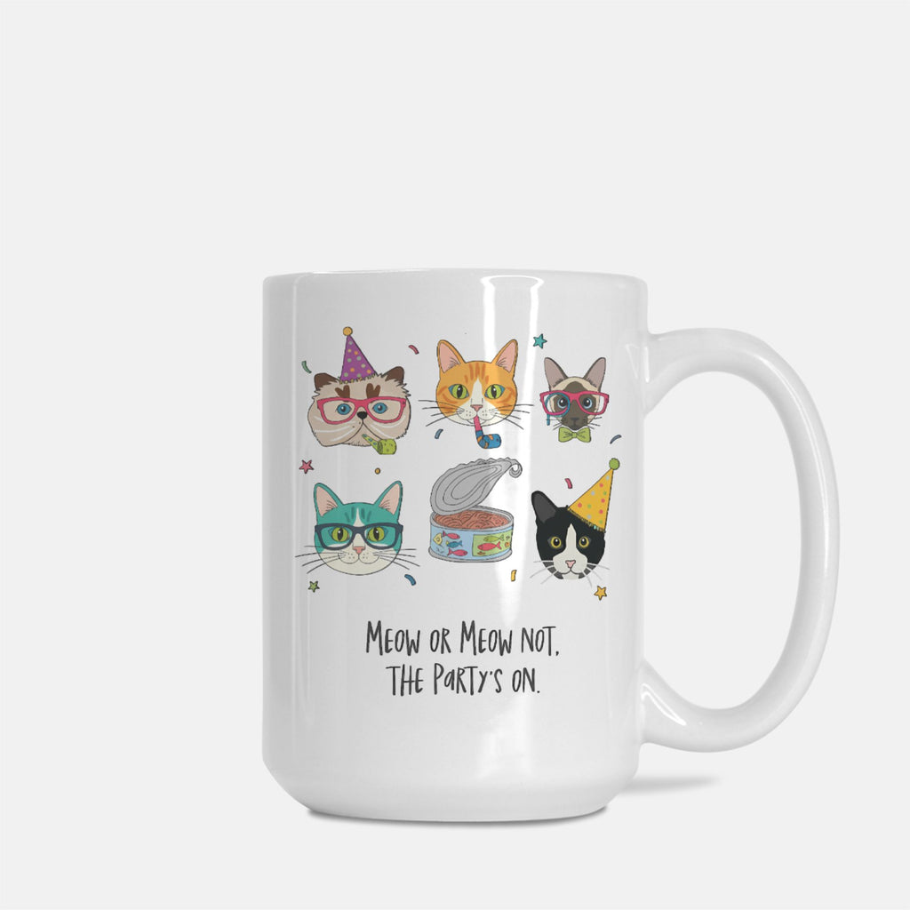 White mug with cat illustrations and text on a white background