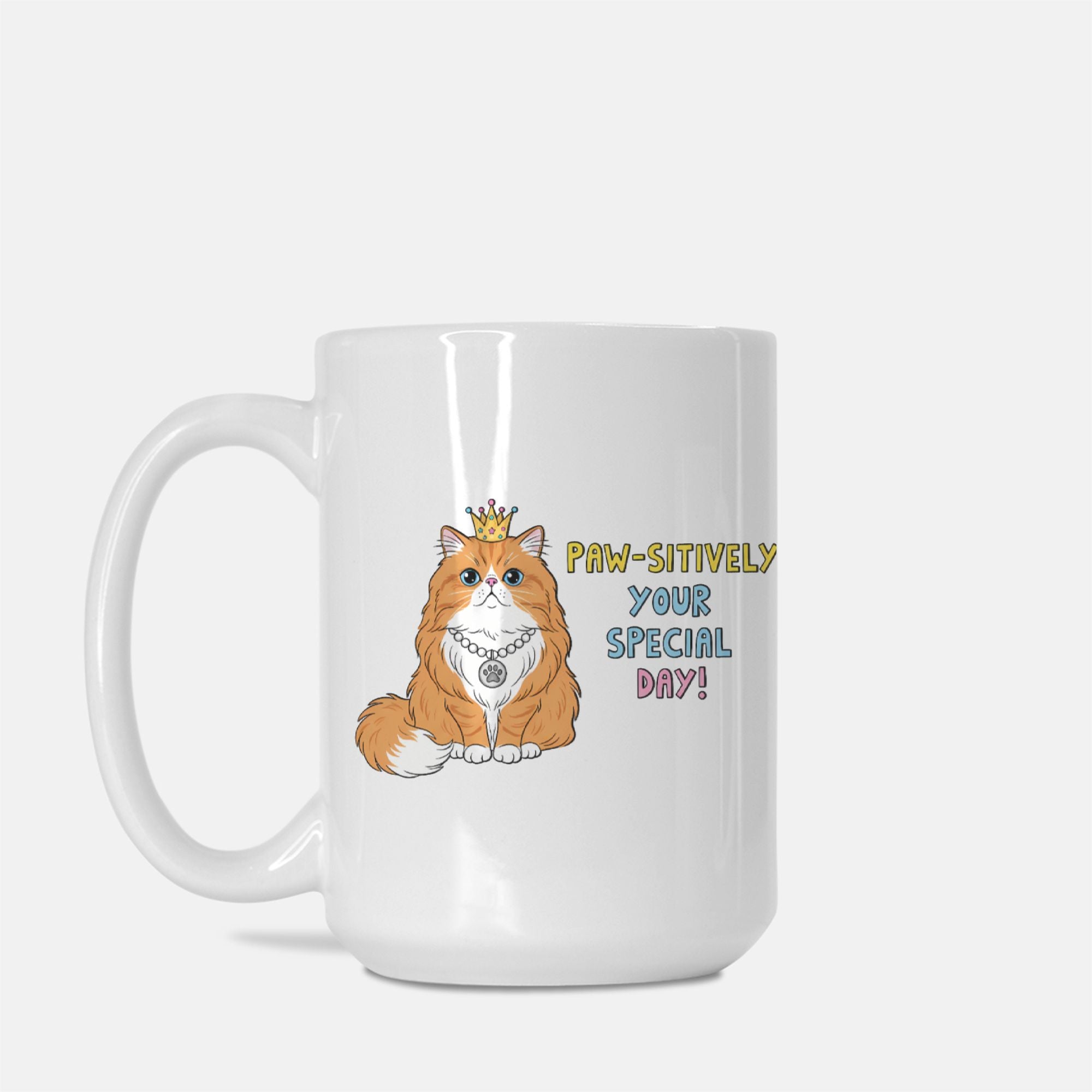 White mug with a cat illustration and text on a white background