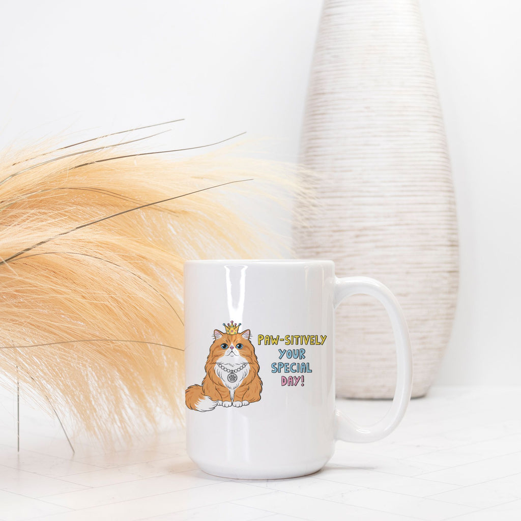 White mug with a cat illustration and text on a white background