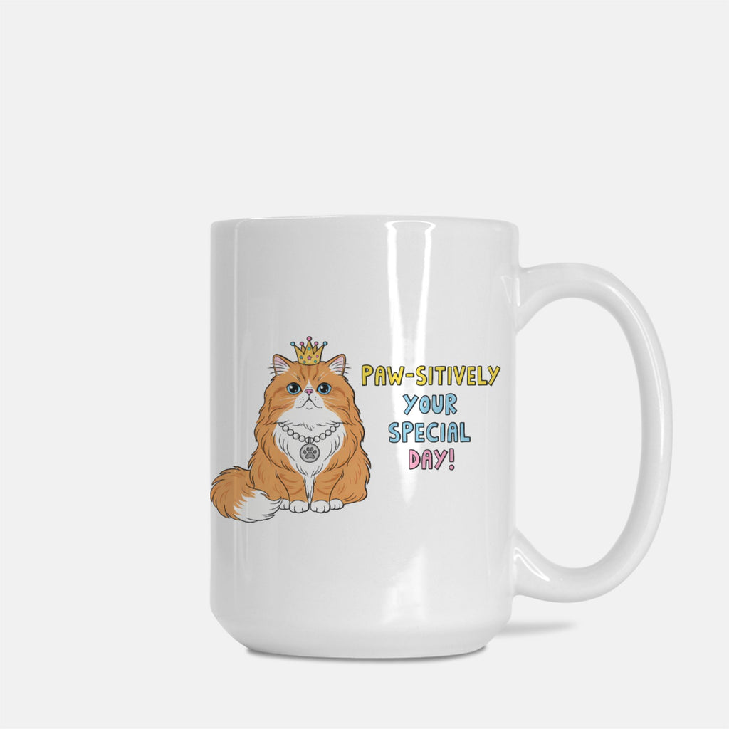 White mug with a cat illustration and text 'Paw-Sitively Your Special Day!' on a white background