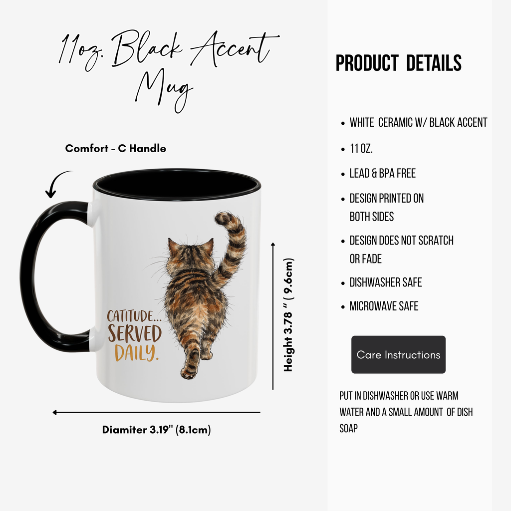 11oz. black accent mug with a cat design and text 'Catitude Served Daily' on a white background with product details.