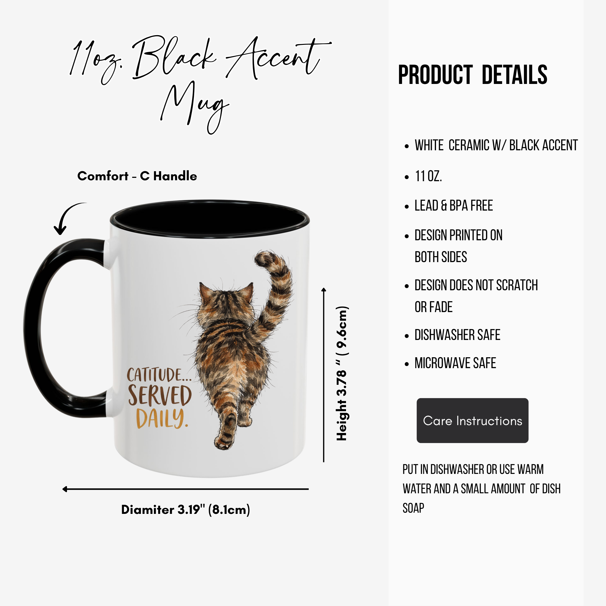 11oz. black accent mug with a cat design and text 'Catitude Served Daily' on a white background with product details.