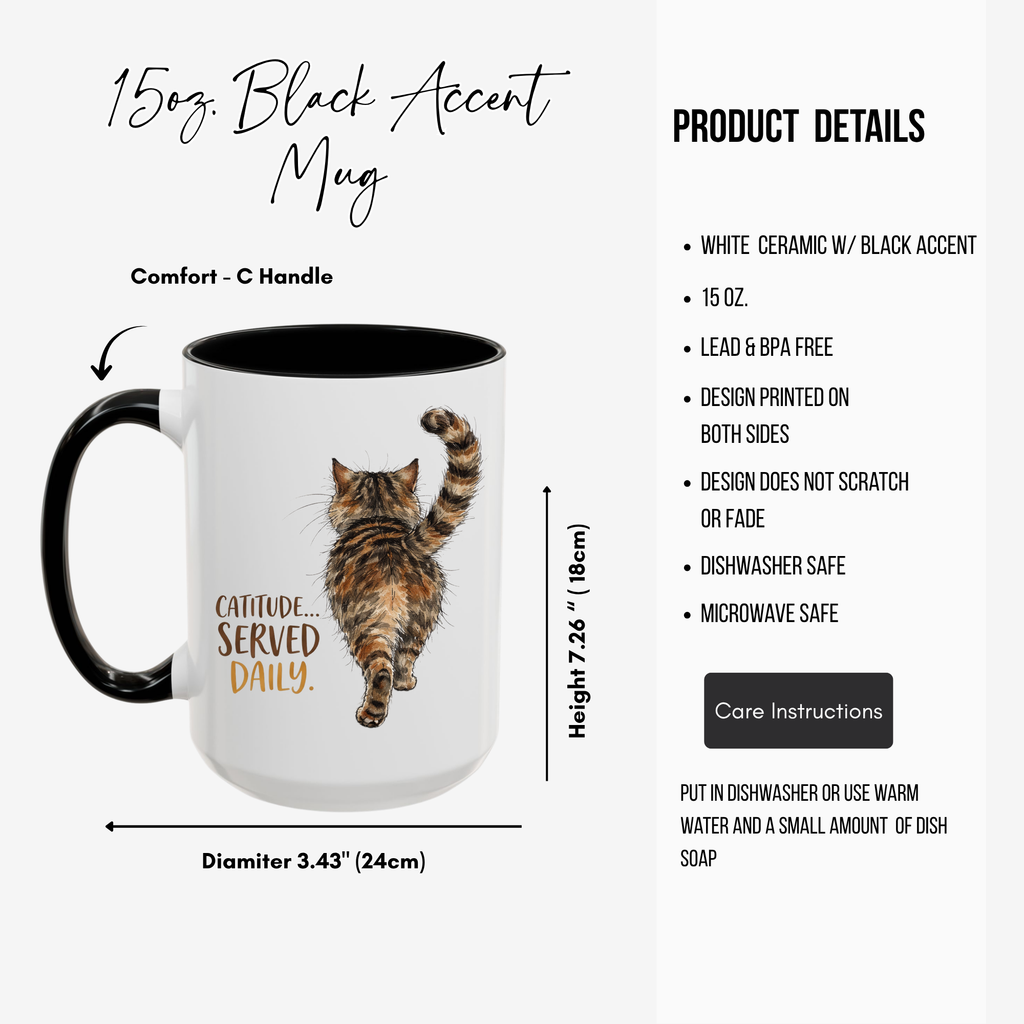15oz White ceramic mug with black accent featuring a cat illustration and text, with product details on a white background.