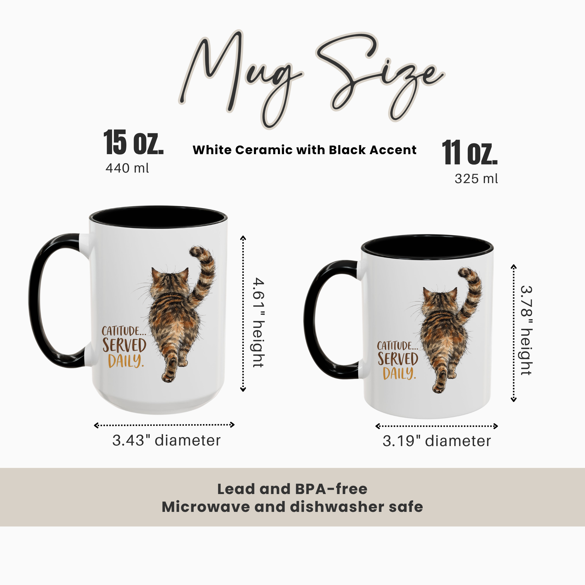 Two black accent mugs with a cat design, one 15 oz and one 11 oz, showing measurements and features.