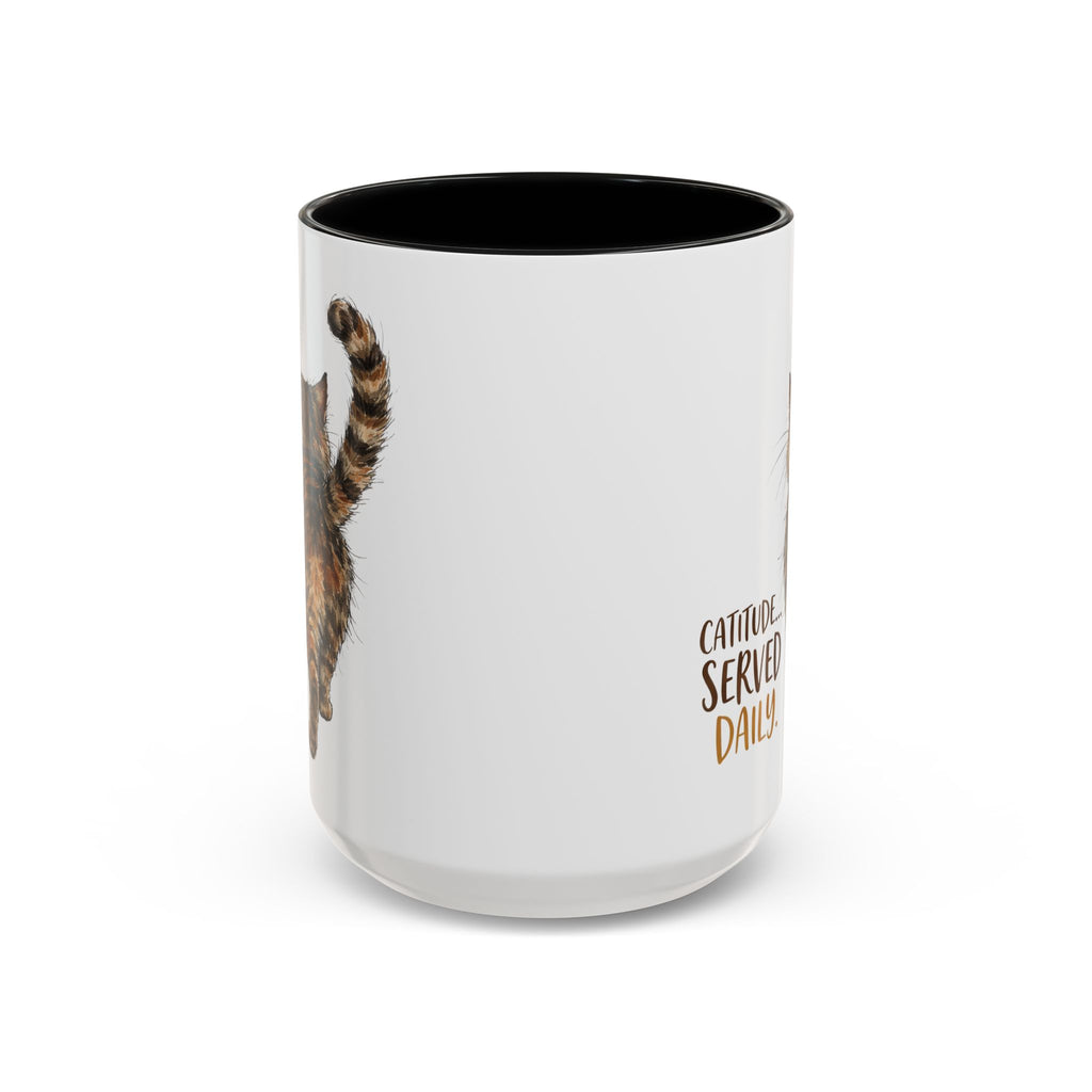 Front view of a 15oz black accent mug with a cat illustration and text on a white background