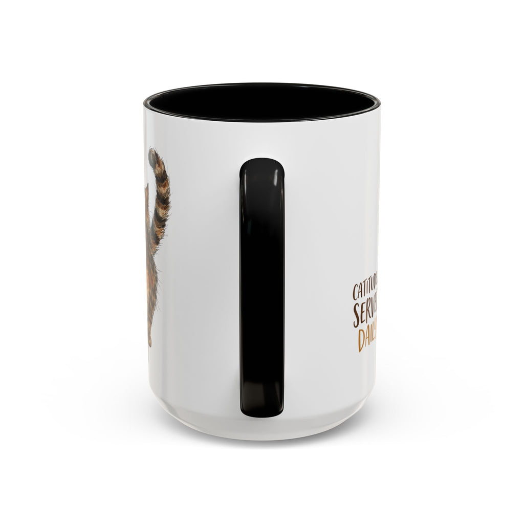 Hand view of a white mug with black interior and handle, featuring a cat illustration on a white background