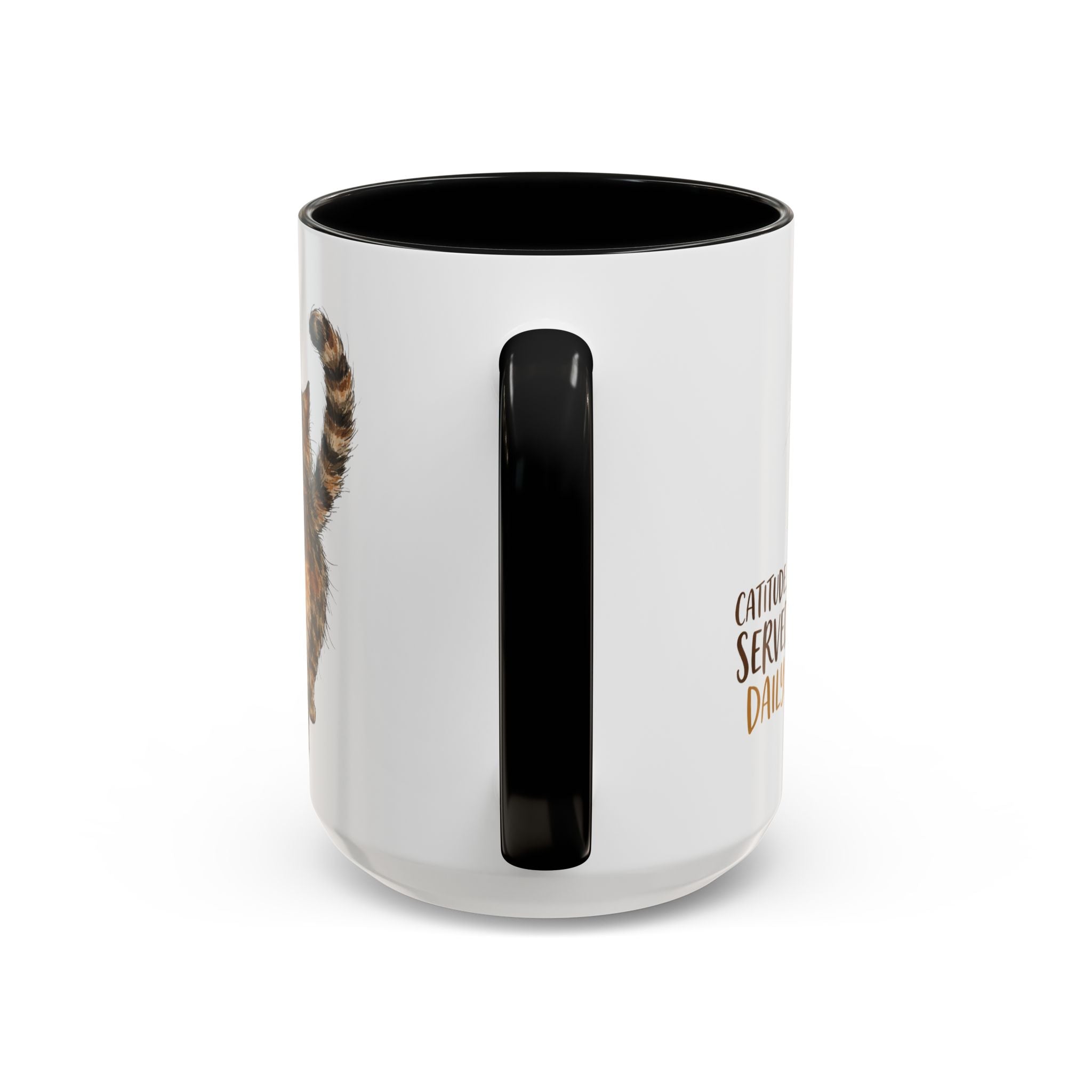 Hand view of a white mug with black interior and handle, featuring a cat illustration on a white background