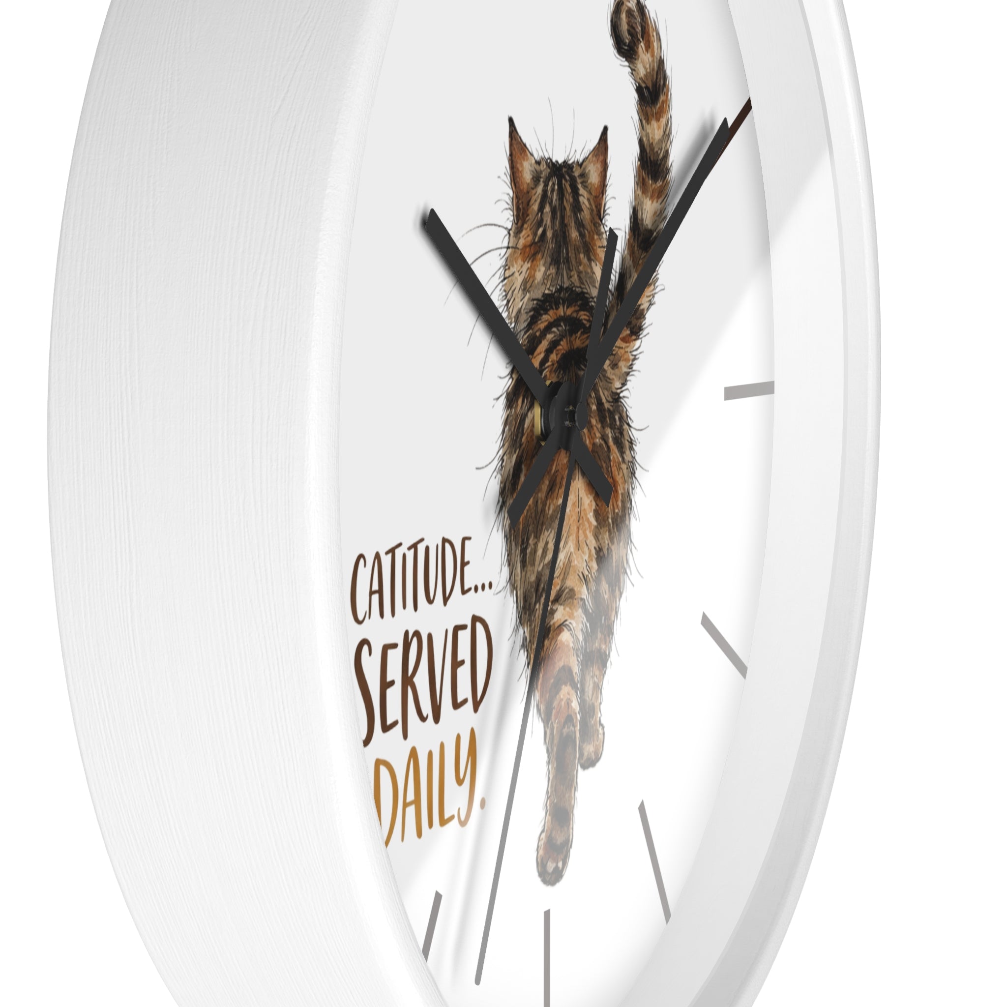 Side view of a round white wall clock with a cat design and text 'Catitude... Served Daily' on a white background