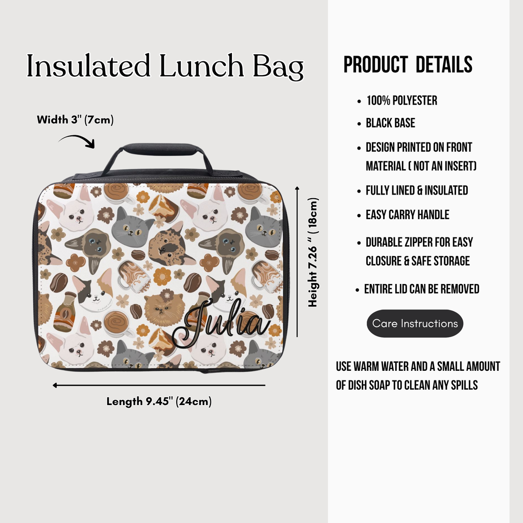 Insulated lunch bag with cat pattern and 'Julia' text, featuring product details on a white background.