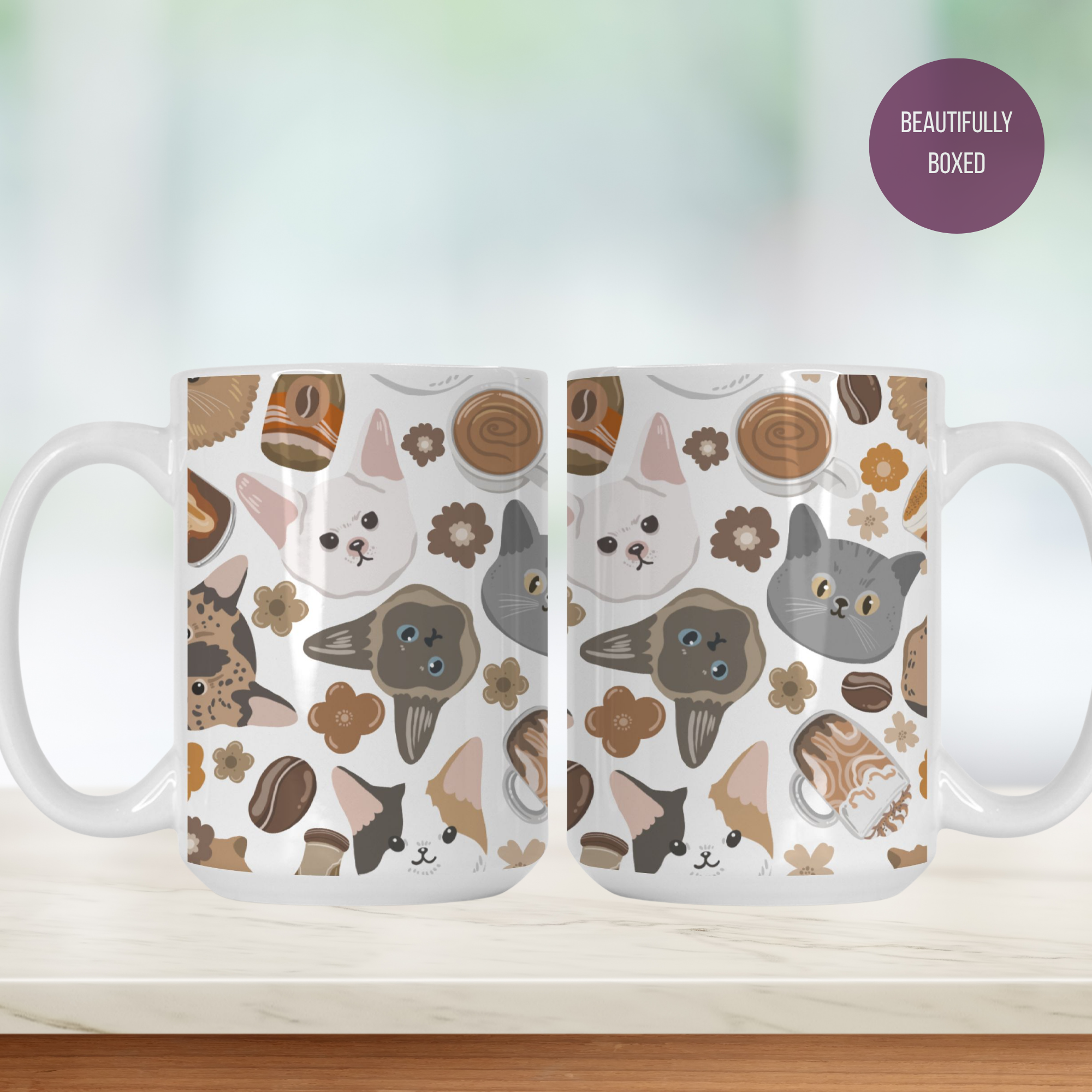 Two mugs with cat-themed design on a white surface.