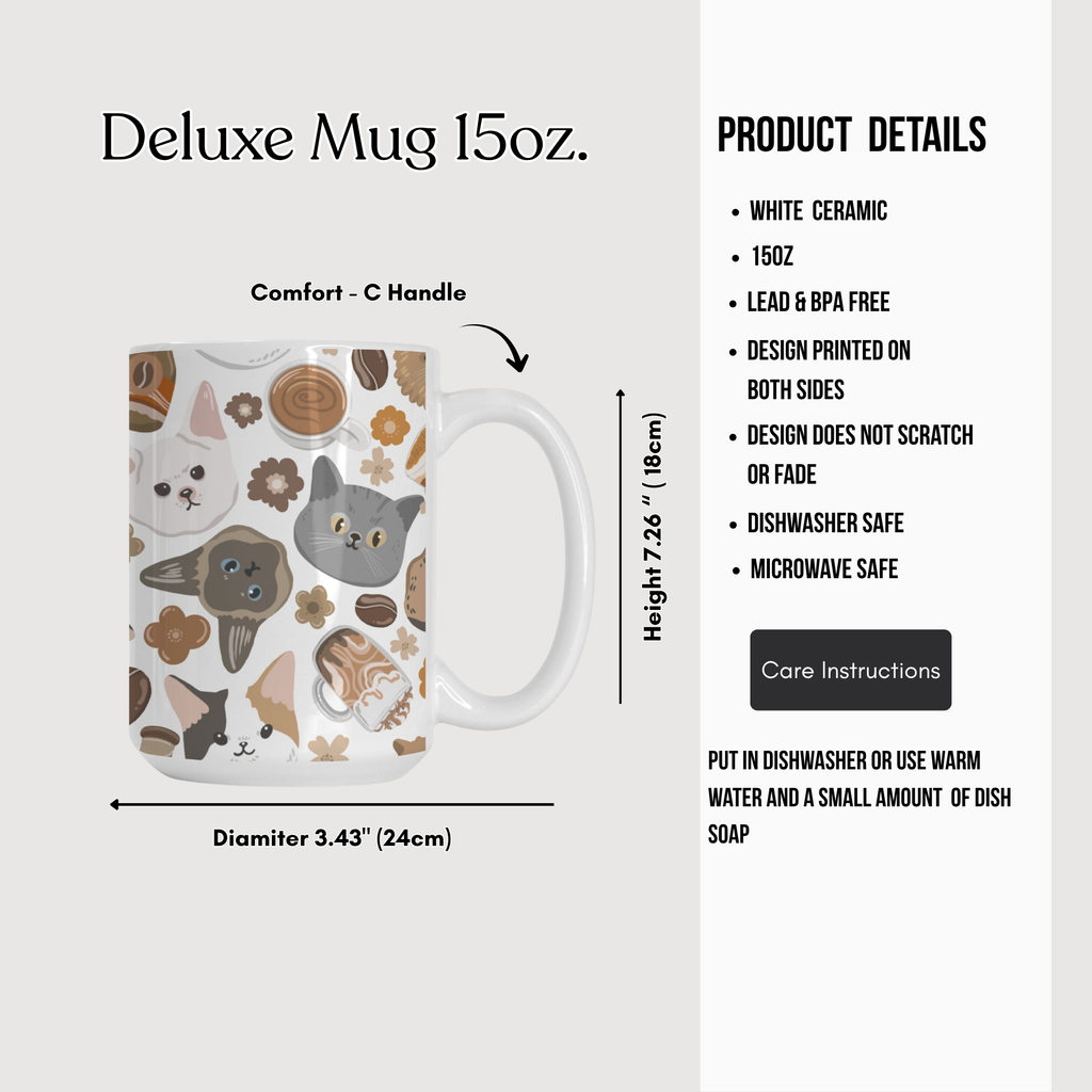 Deluxe mug with cat pattern on a white background, featuring product details.